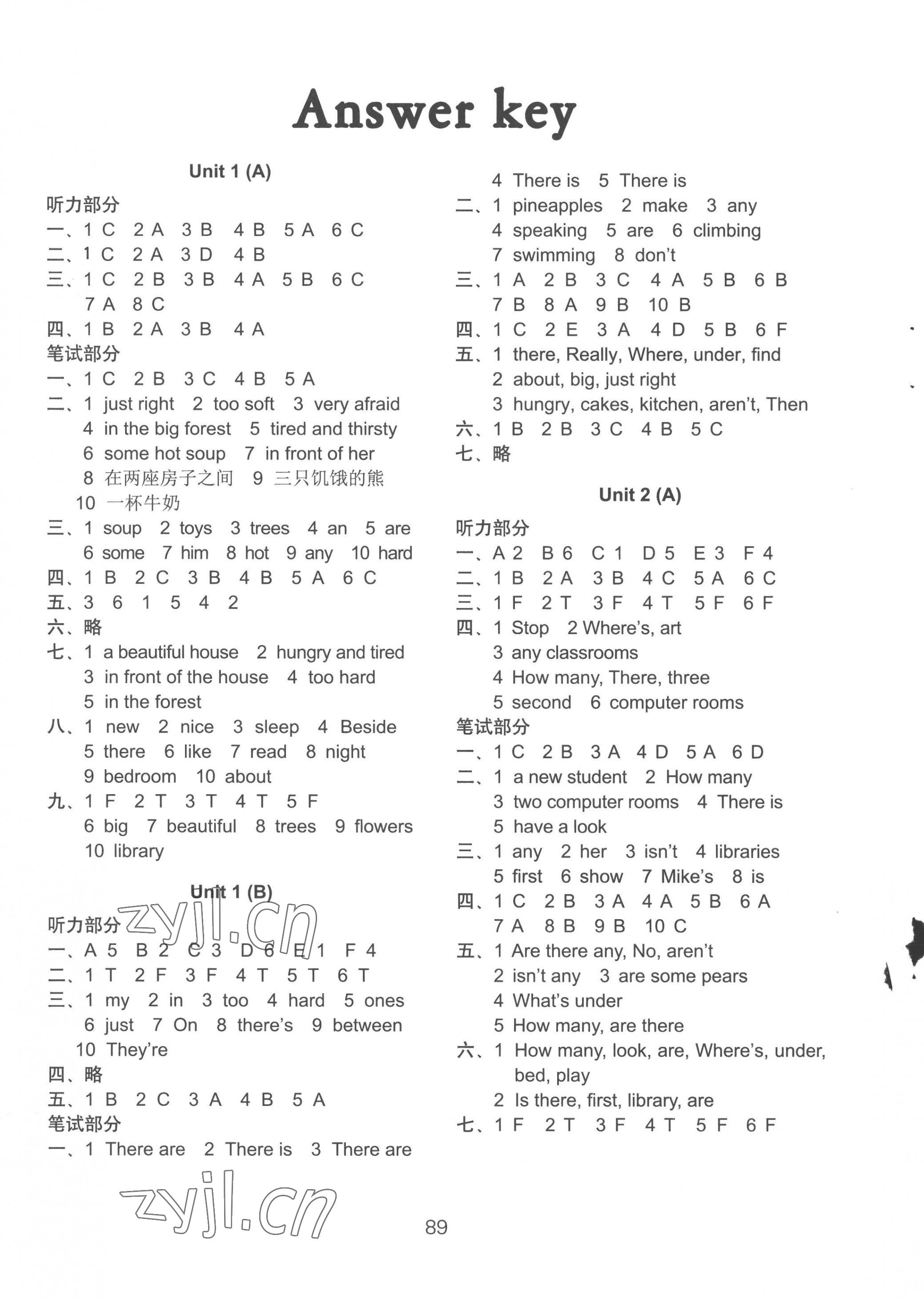 2022年課課練AB卷五年級(jí)英語上冊(cè)譯林版提優(yōu)版 參考答案第1頁