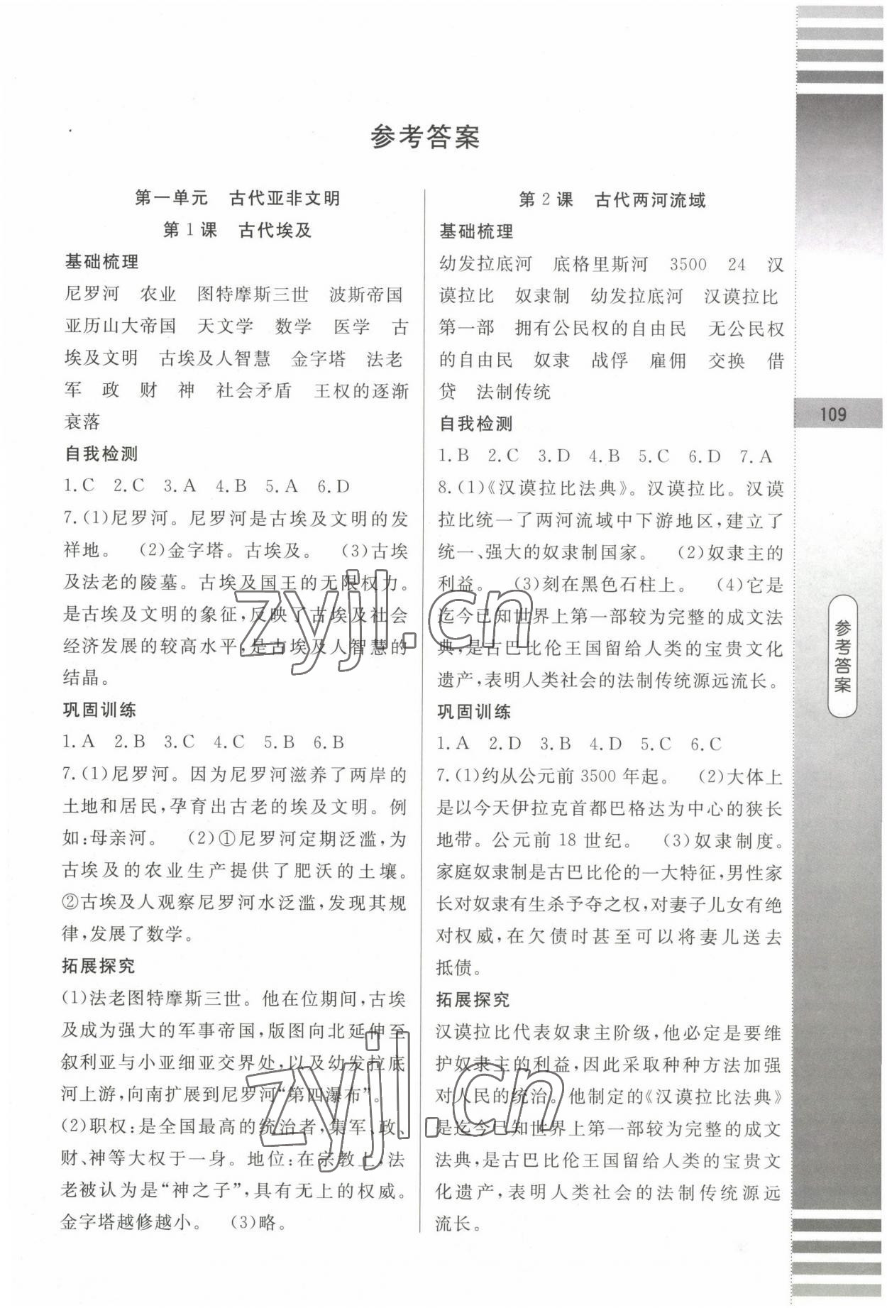 2022年课堂达标测试九年级历史上册人教版 参考答案第1页