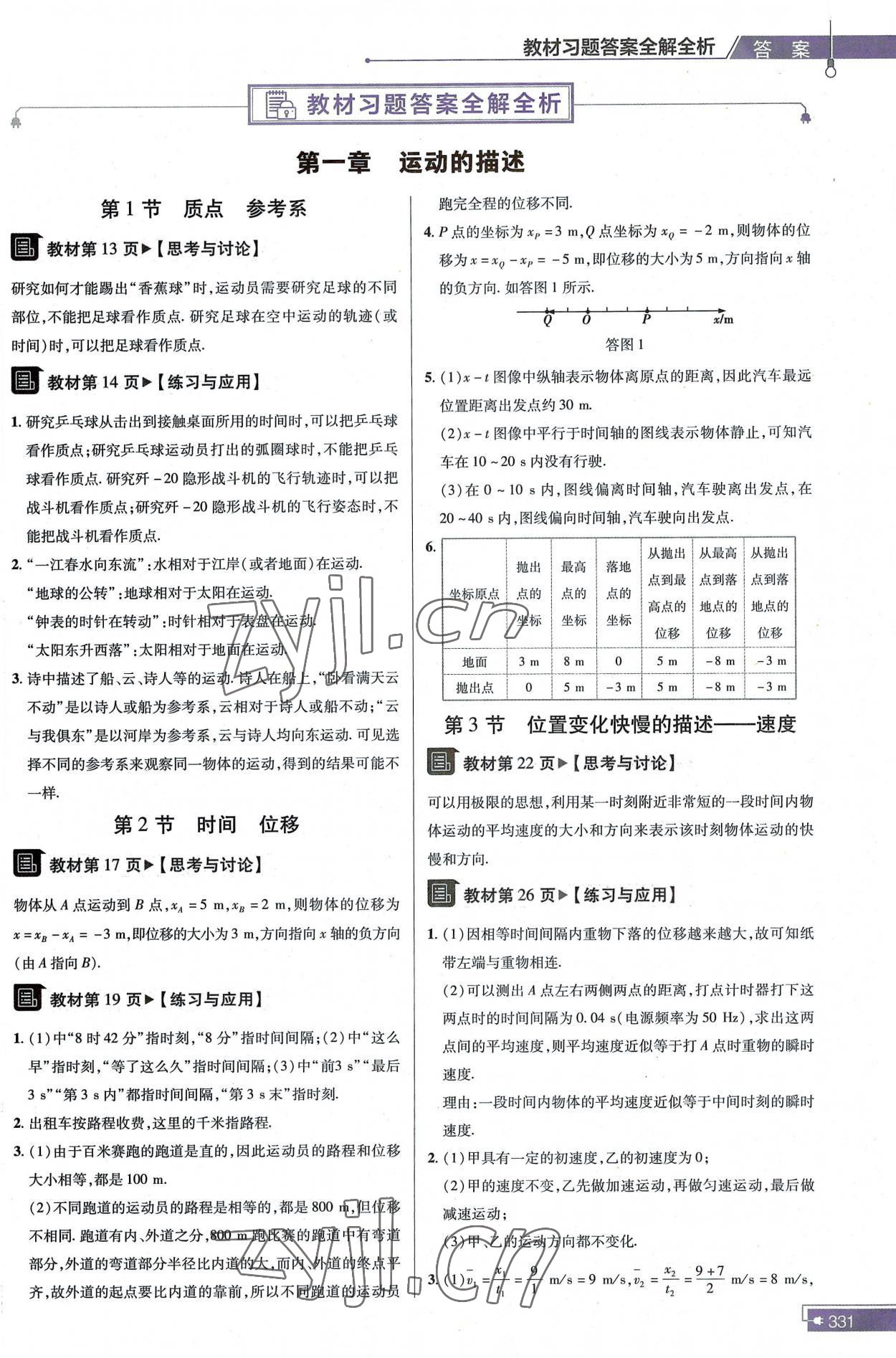 2022年教材课本高中物理必修第一册人教版 参考答案第1页