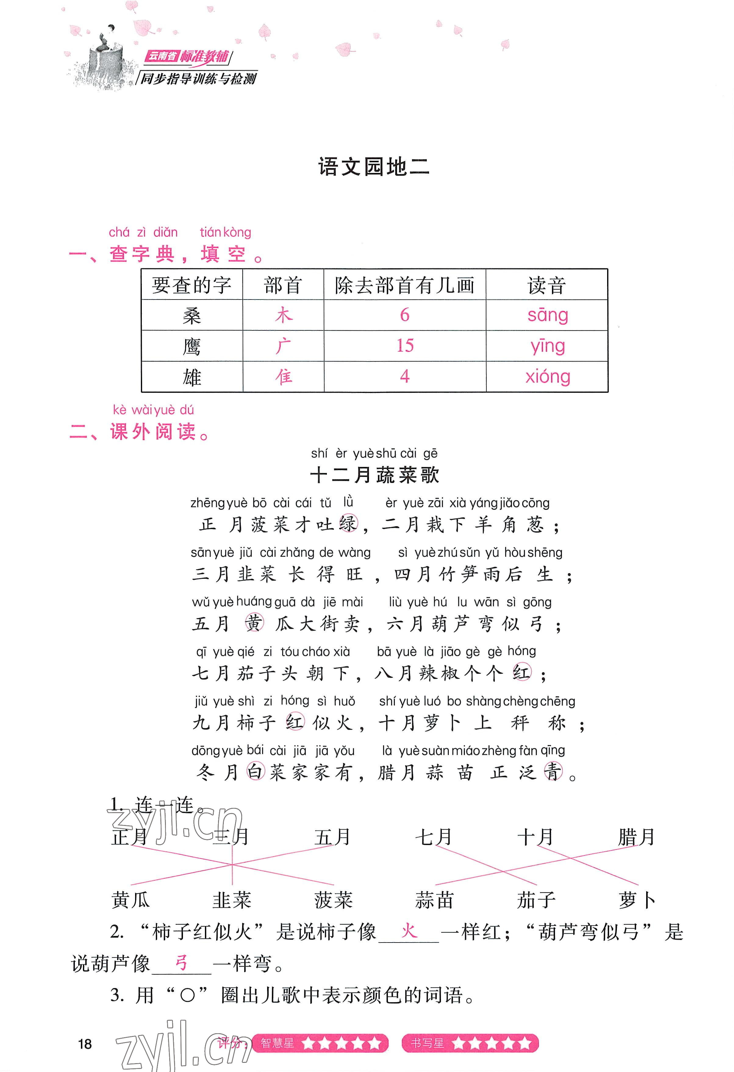 2022年云南省標(biāo)準(zhǔn)教輔同步指導(dǎo)訓(xùn)練與檢測二年級語文上冊人教版 參考答案第17頁