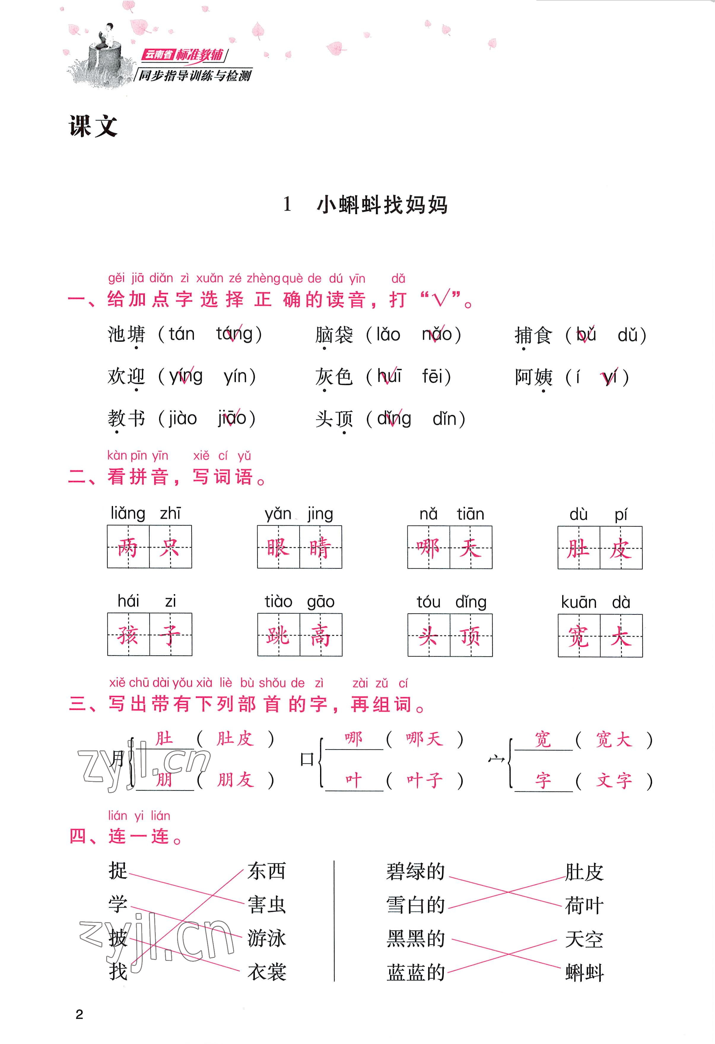 2022年云南省标准教辅同步指导训练与检测二年级语文上册人教版 参考答案第1页