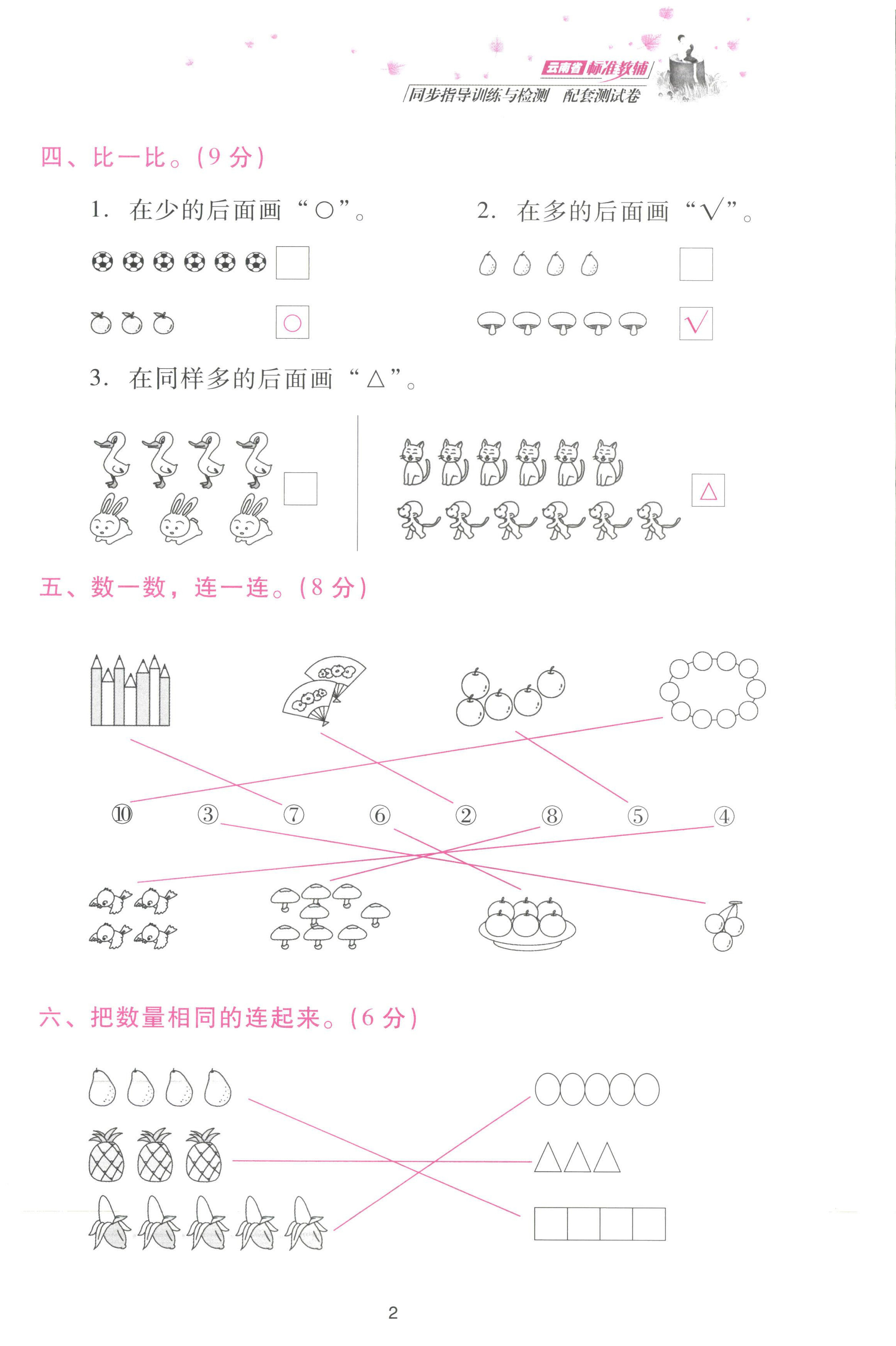 2022年云南省標準教輔同步指導訓練與檢測配套測試卷一年級數(shù)學上冊人教版 參考答案第2頁