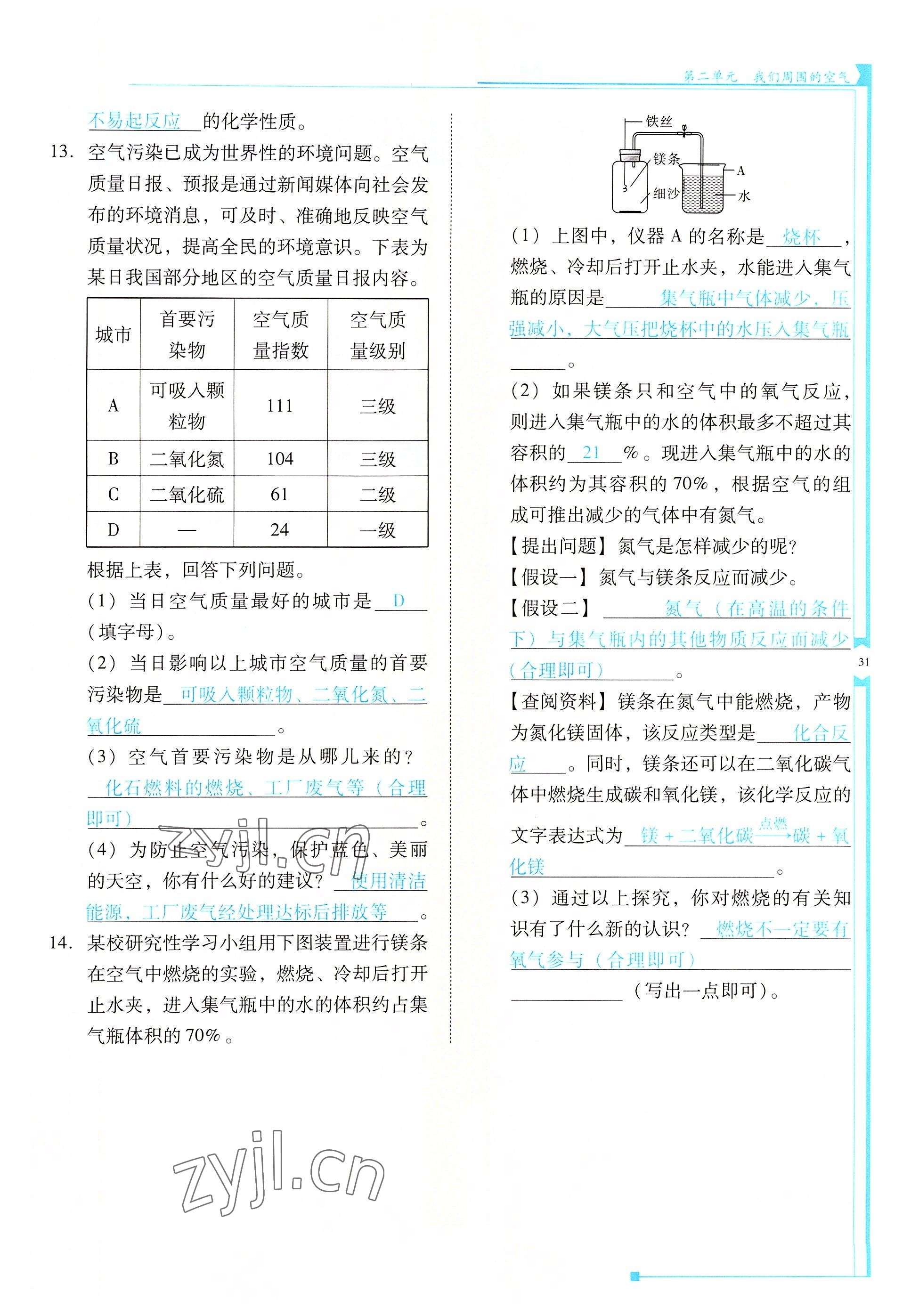 2022年云南省標(biāo)準(zhǔn)教輔優(yōu)佳學(xué)案九年級(jí)化學(xué)上冊人教版 參考答案第31頁