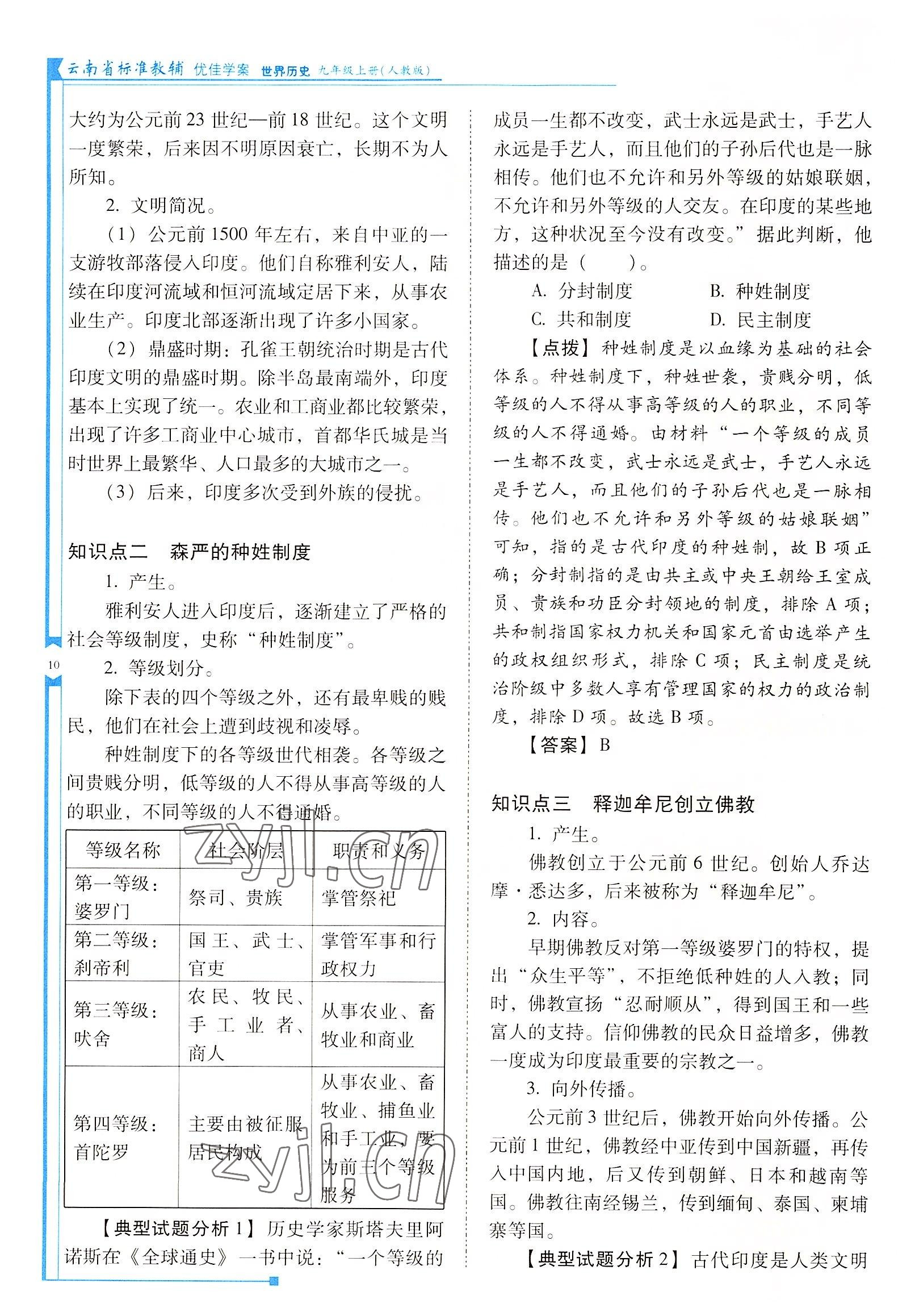 2022年云南省标准教辅优佳学案九年级历史上册人教版 参考答案第10页