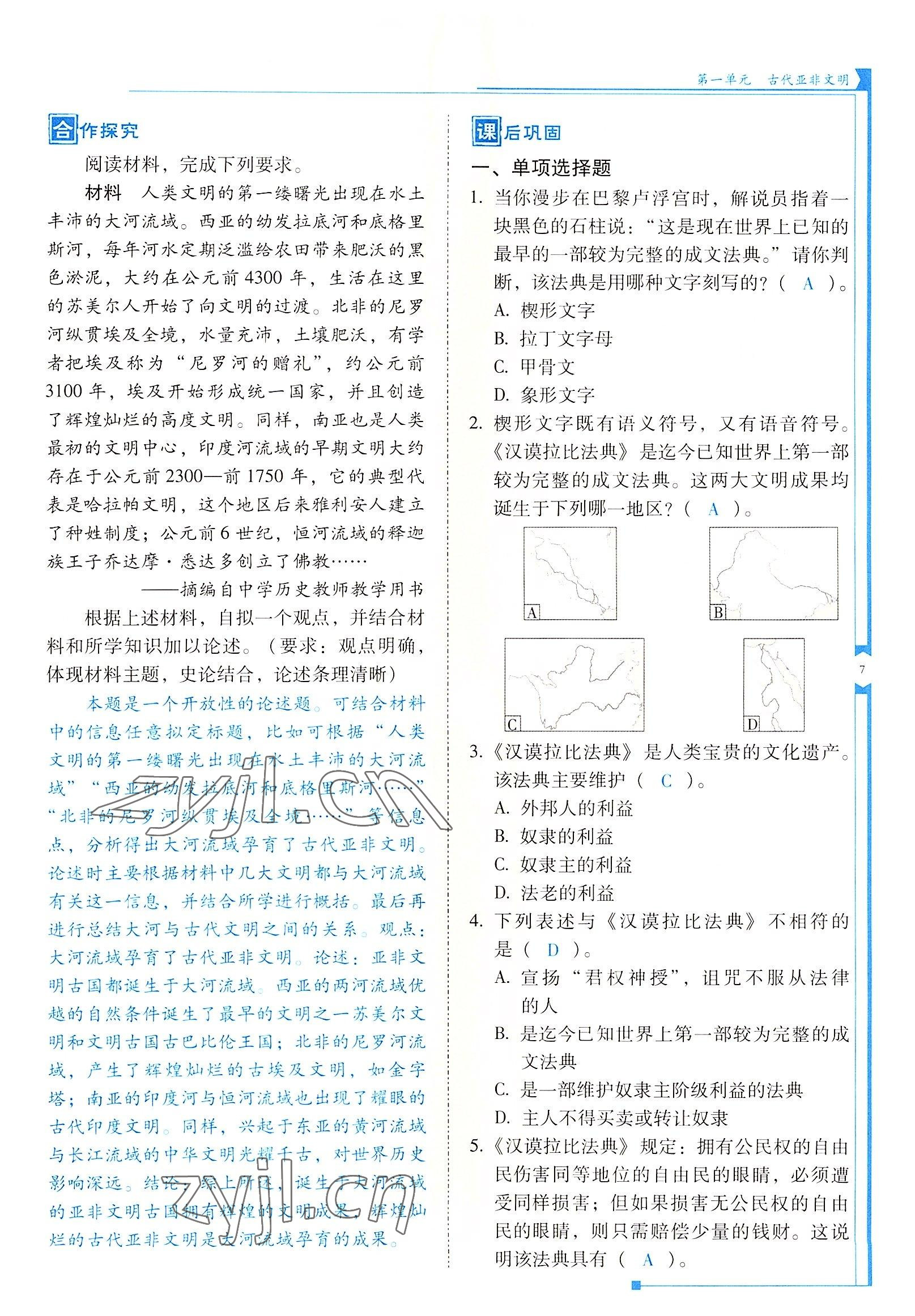 2022年云南省標(biāo)準(zhǔn)教輔優(yōu)佳學(xué)案九年級歷史上冊人教版 參考答案第7頁