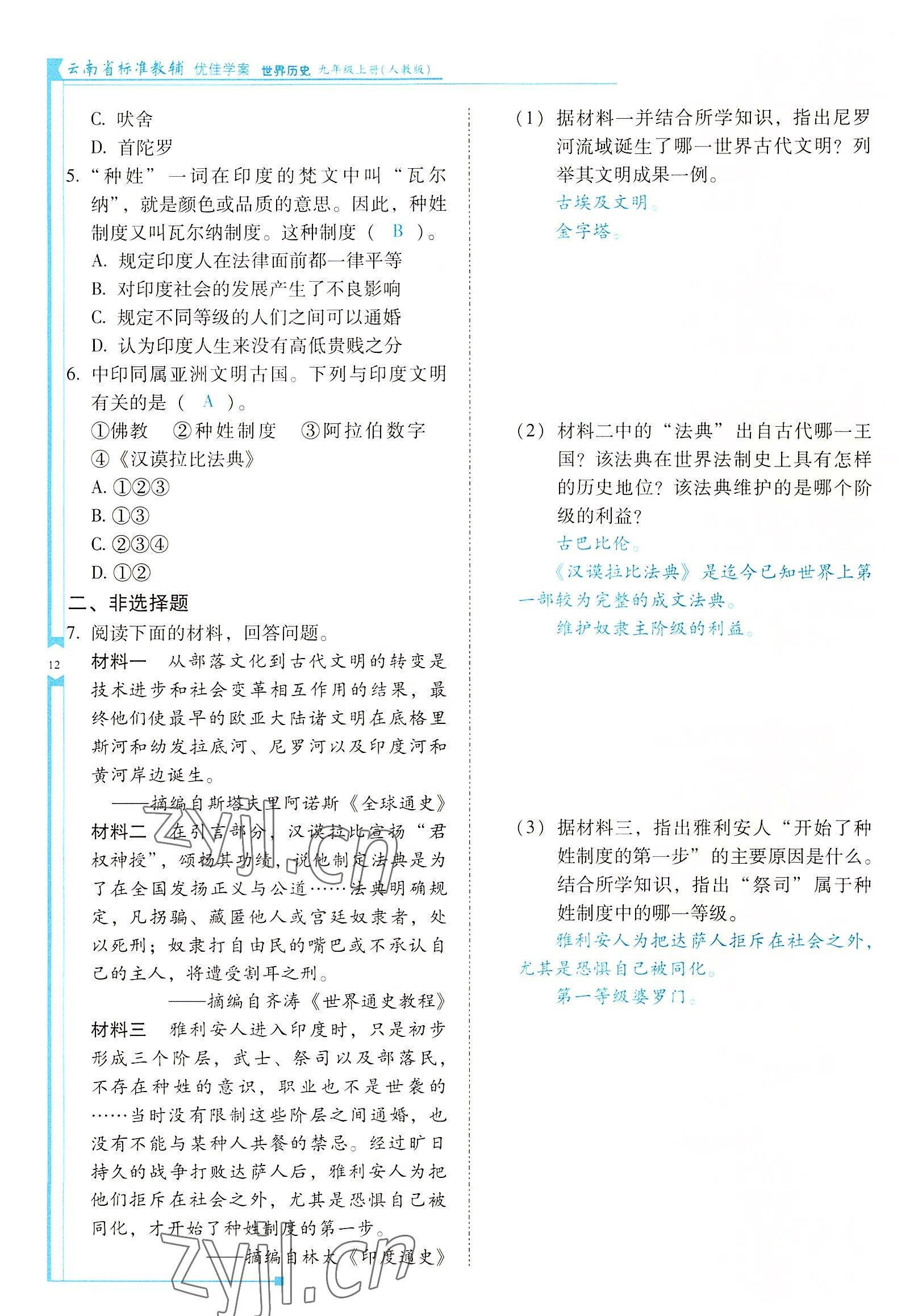 2022年云南省標準教輔優(yōu)佳學案九年級歷史上冊人教版 參考答案第12頁