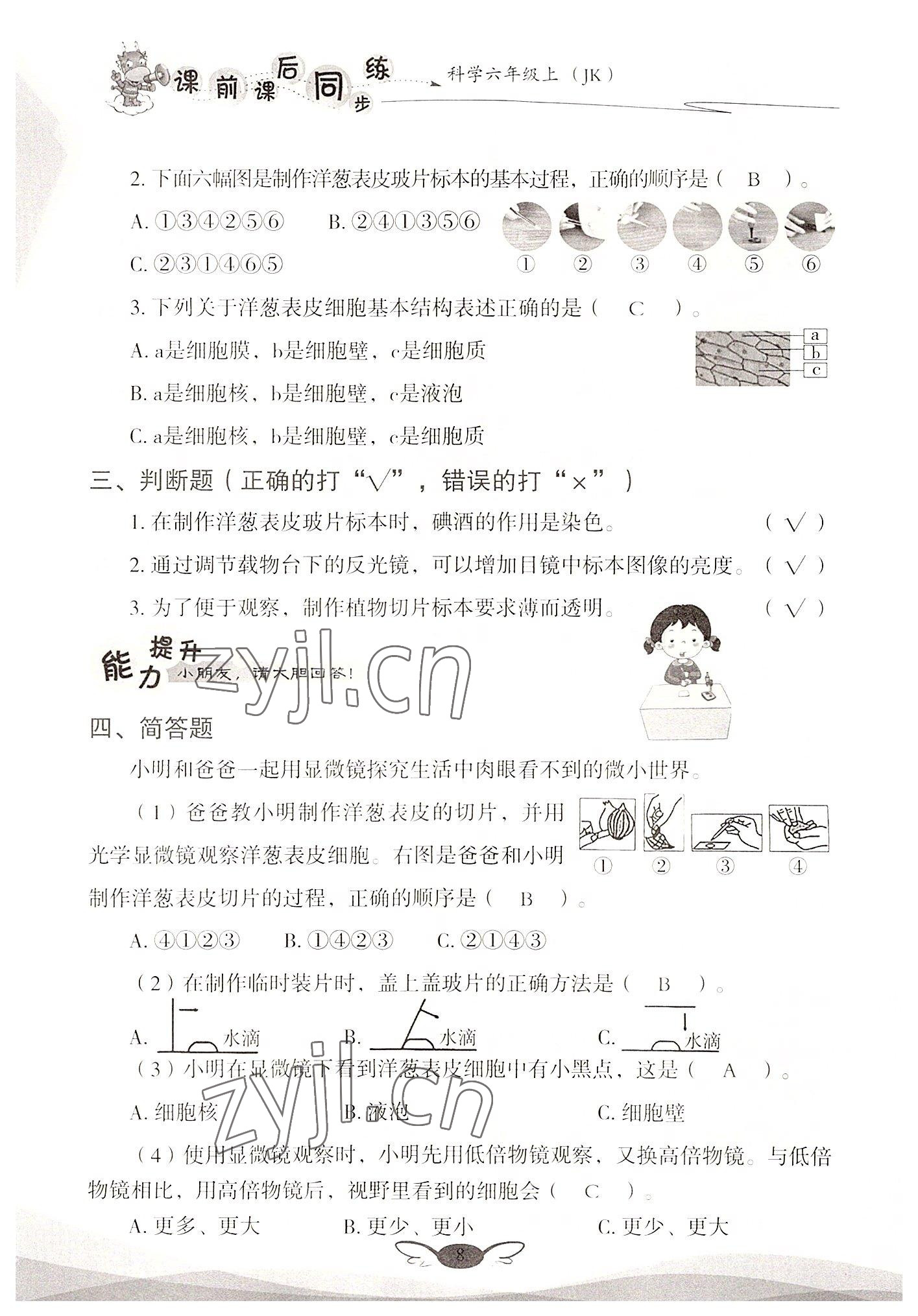 2022年课前课后同步练六年级科学上册教科版&nbsp;参考答案第8页