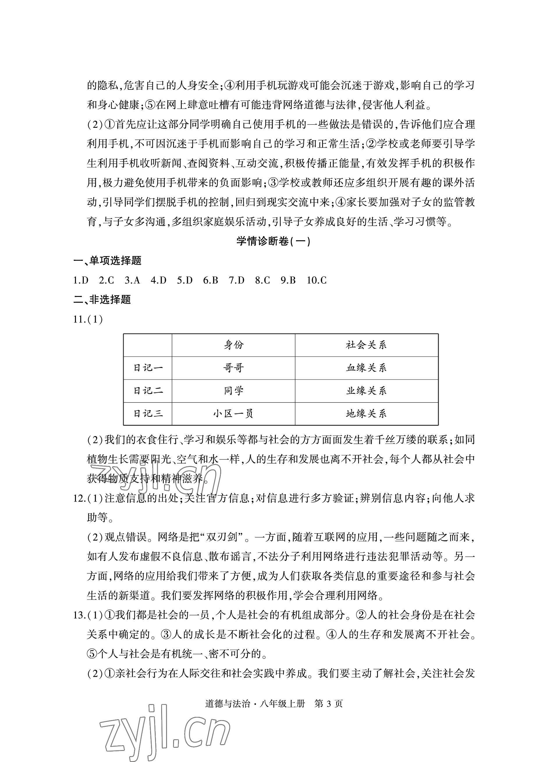 2022年初中同步練習(xí)冊(cè)自主測(cè)試卷八年級(jí)道德與法治上冊(cè)人教版 參考答案第3頁