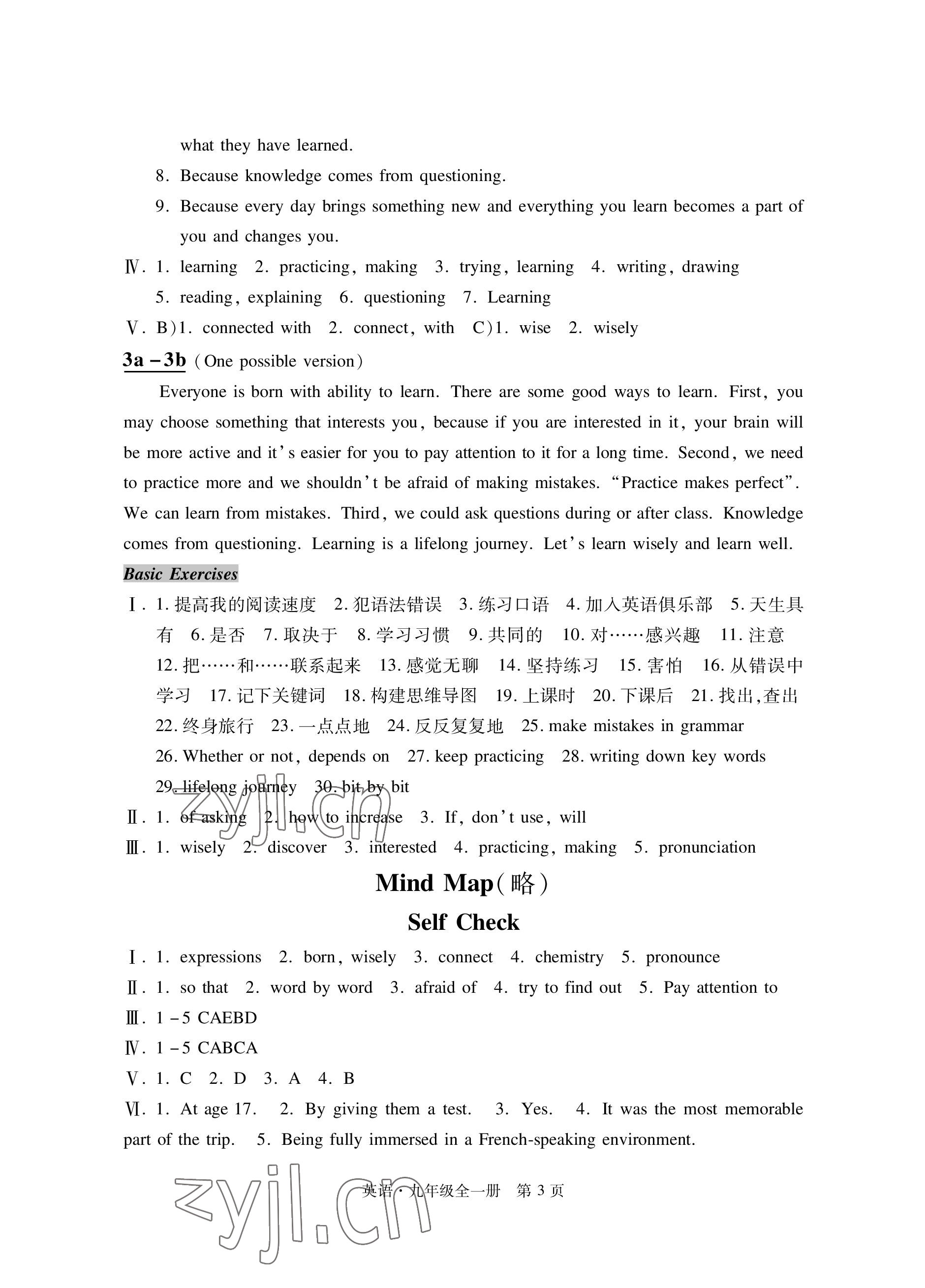 2022年自主學(xué)習(xí)指導(dǎo)課程與測試九年級英語全一冊人教版 參考答案第3頁