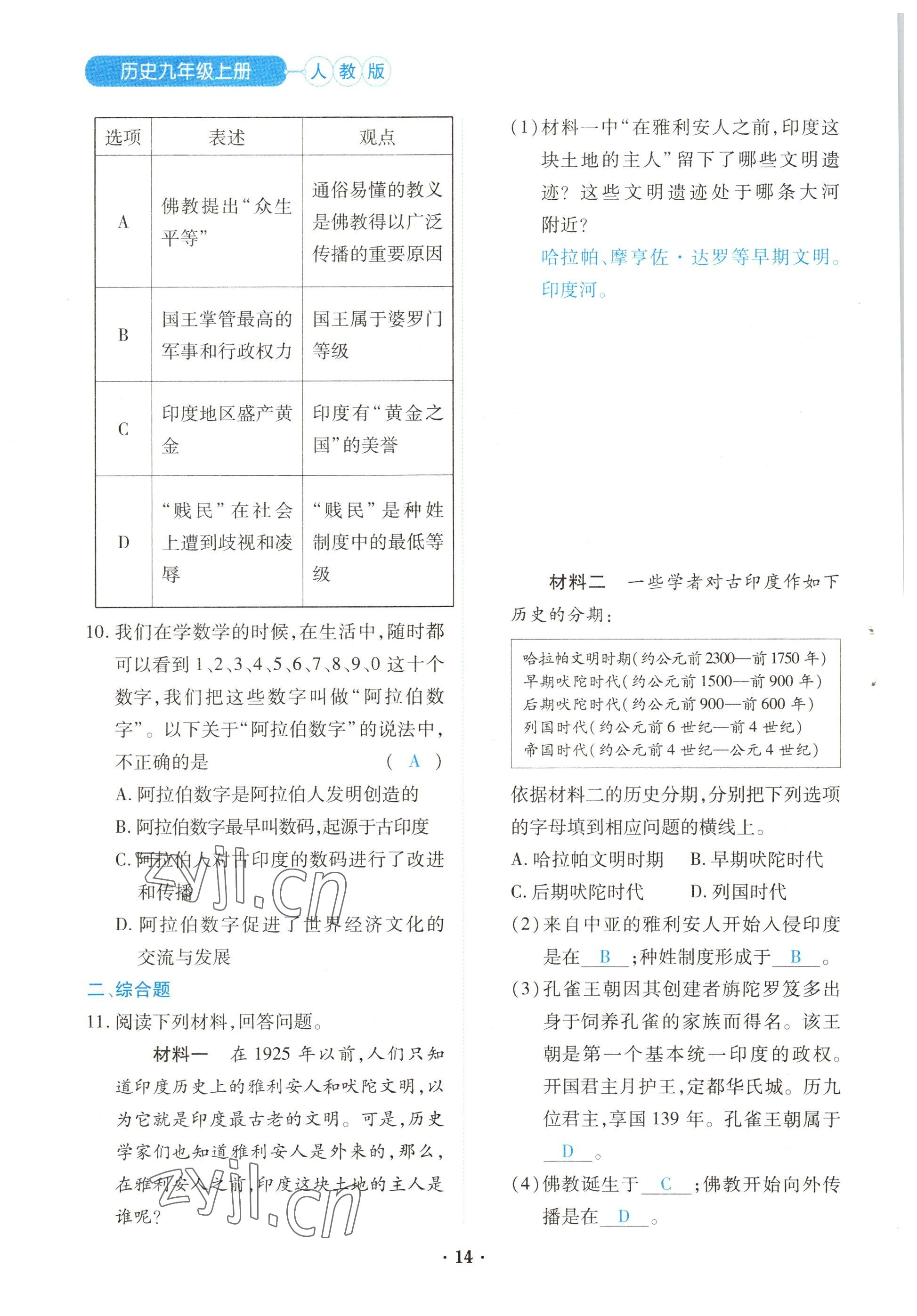 2022年一课一练创新练习九年级历史上册人教版 参考答案第14页