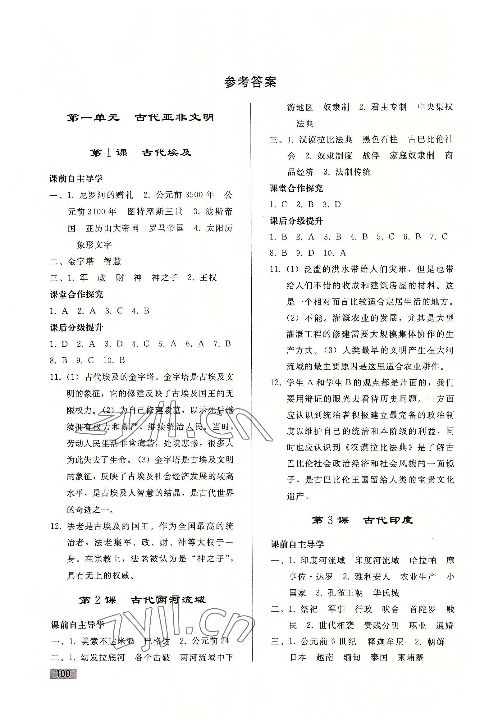 2022年初中同步練習(xí)冊(cè)九年級(jí)世界歷史上冊(cè)人教版山東專(zhuān)版人民教育出版社 參考答案第1頁(yè)