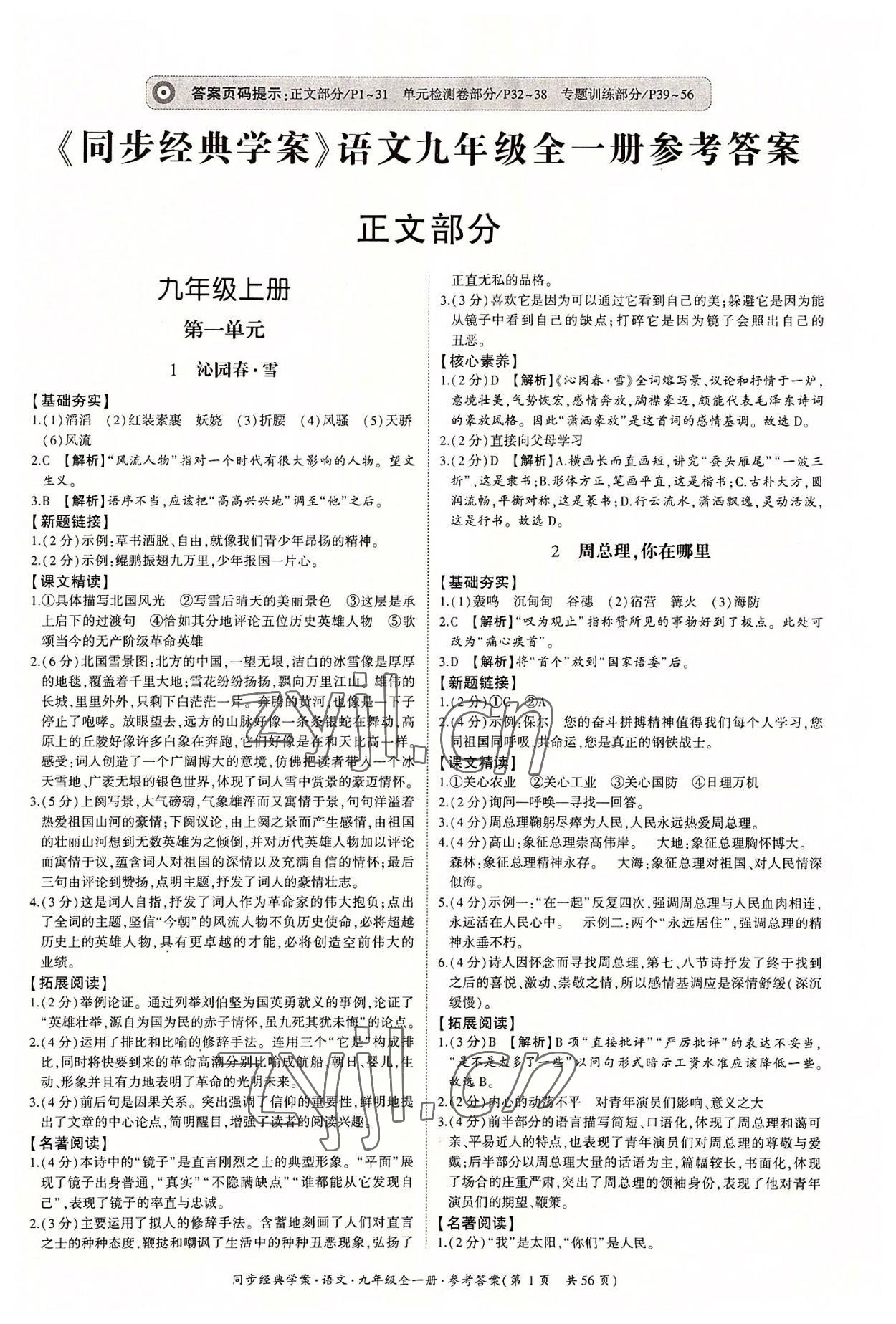 2022年同步經(jīng)典學(xué)案九年級語文全一冊人教版 第1頁