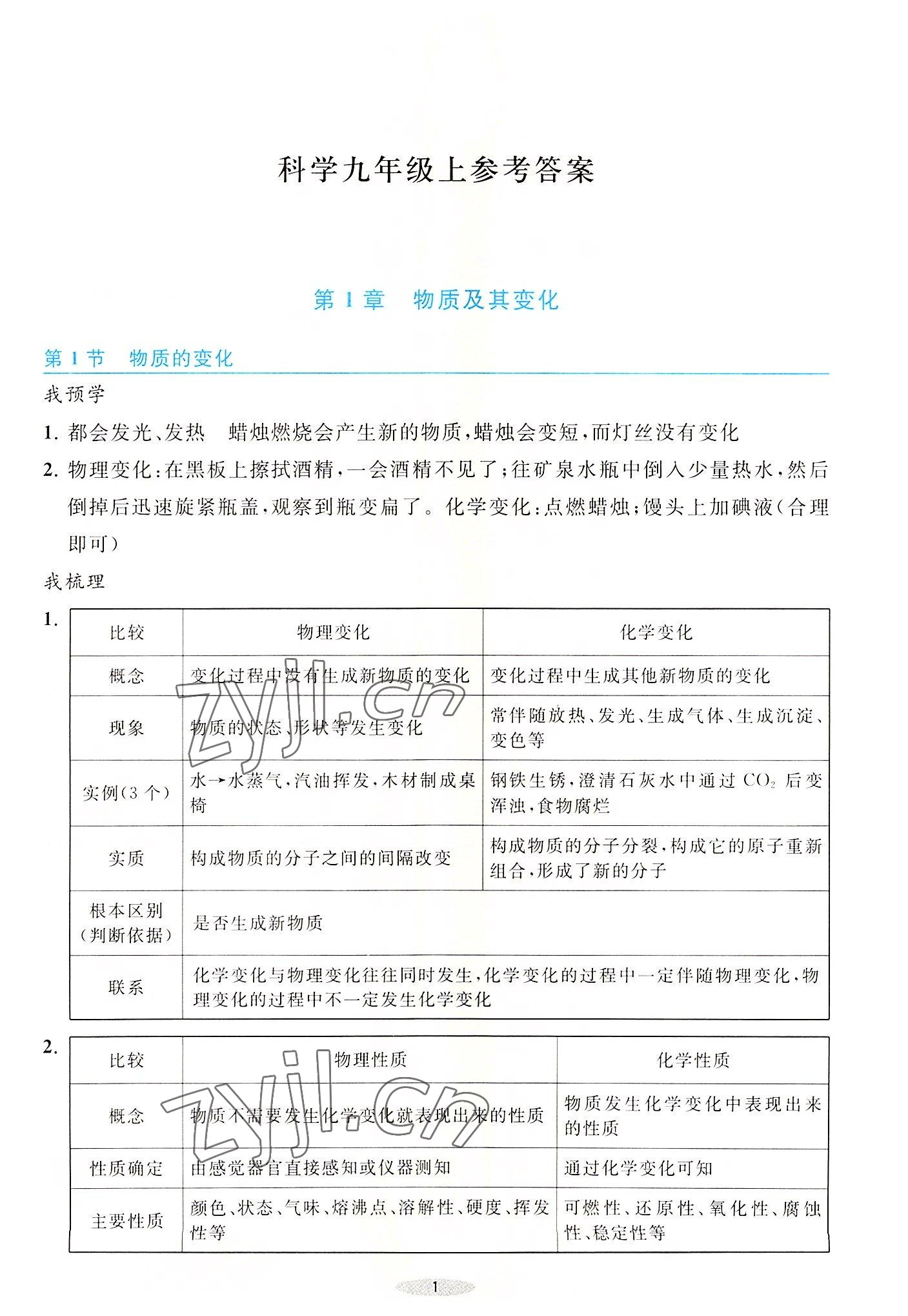 2022年預學與導學九年級科學上冊浙教版 參考答案第1頁