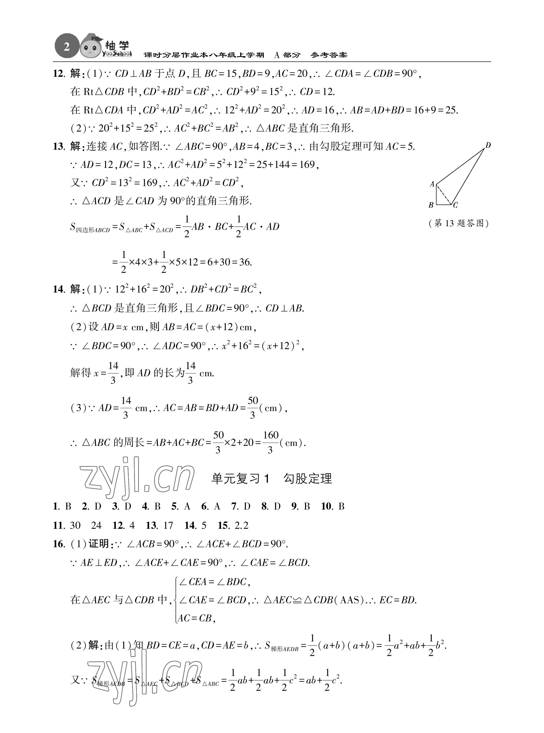 2022年課時(shí)分層作業(yè)本八年級(jí)數(shù)學(xué)上冊(cè)北師大版 參考答案第2頁(yè)