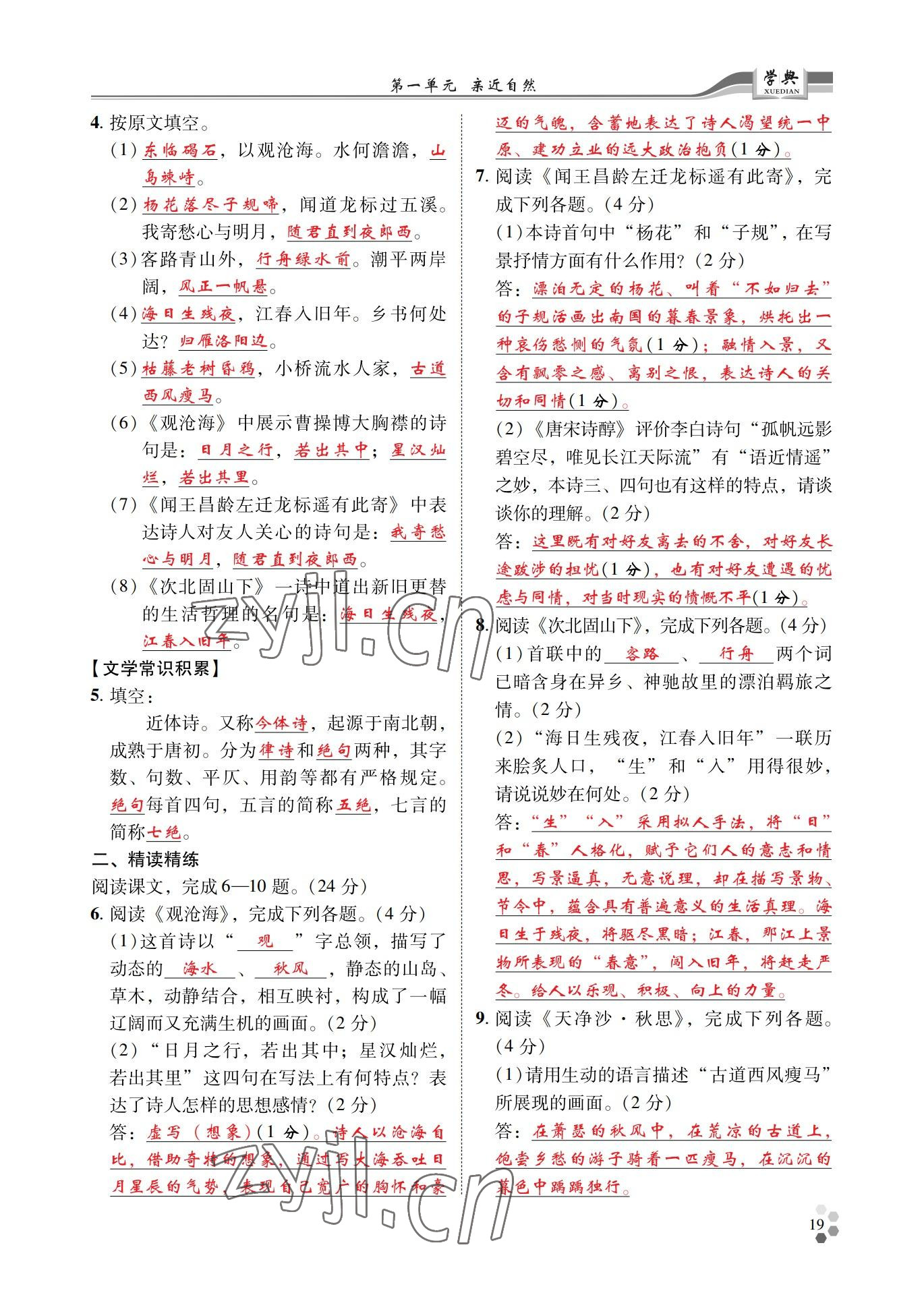 2022年學(xué)典四川七年級語文上冊人教版 參考答案第19頁