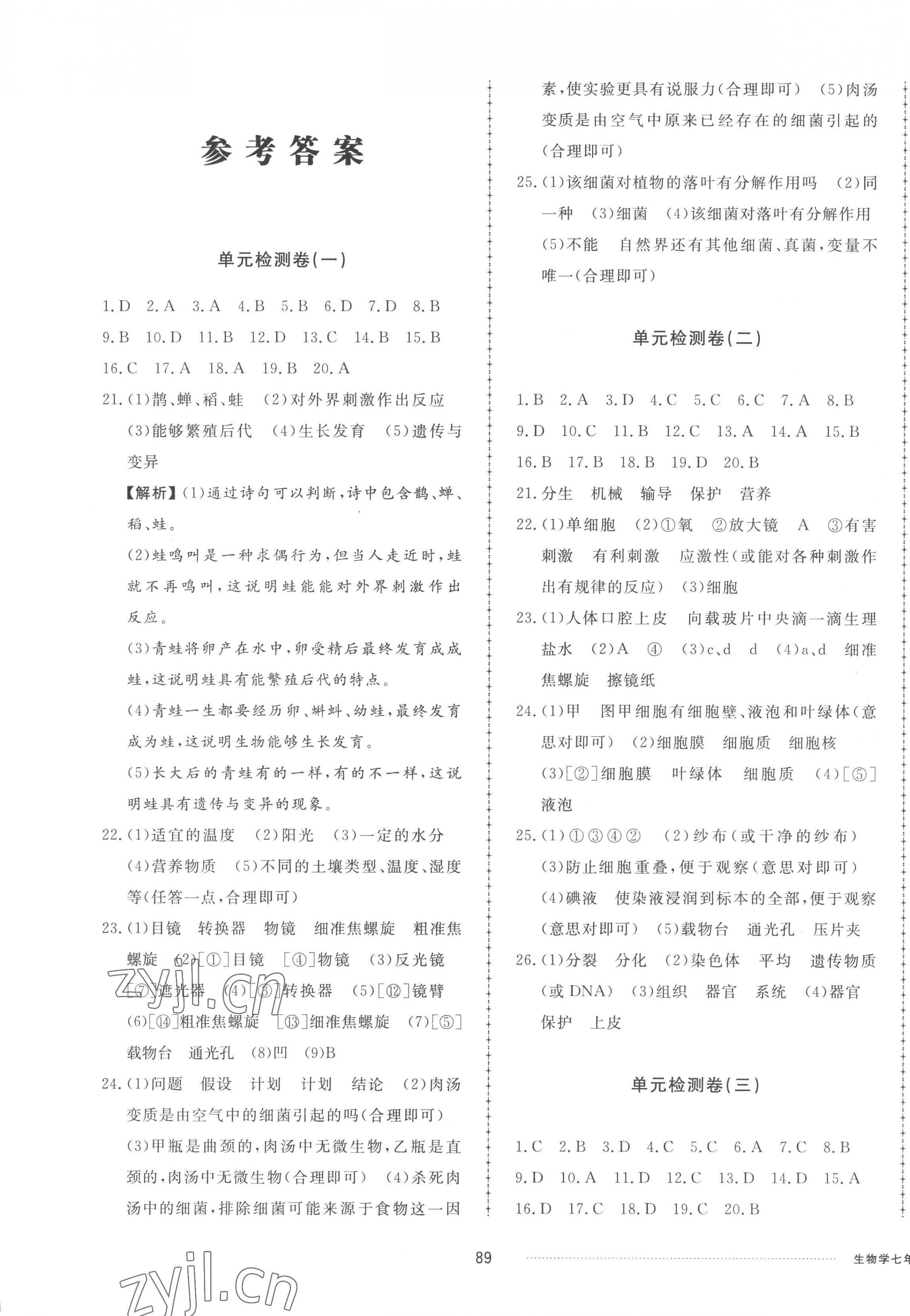 2022年同步練習(xí)冊(cè)配套單元檢測(cè)卷七年級(jí)生物上冊(cè)濟(jì)南版 參考答案第1頁(yè)