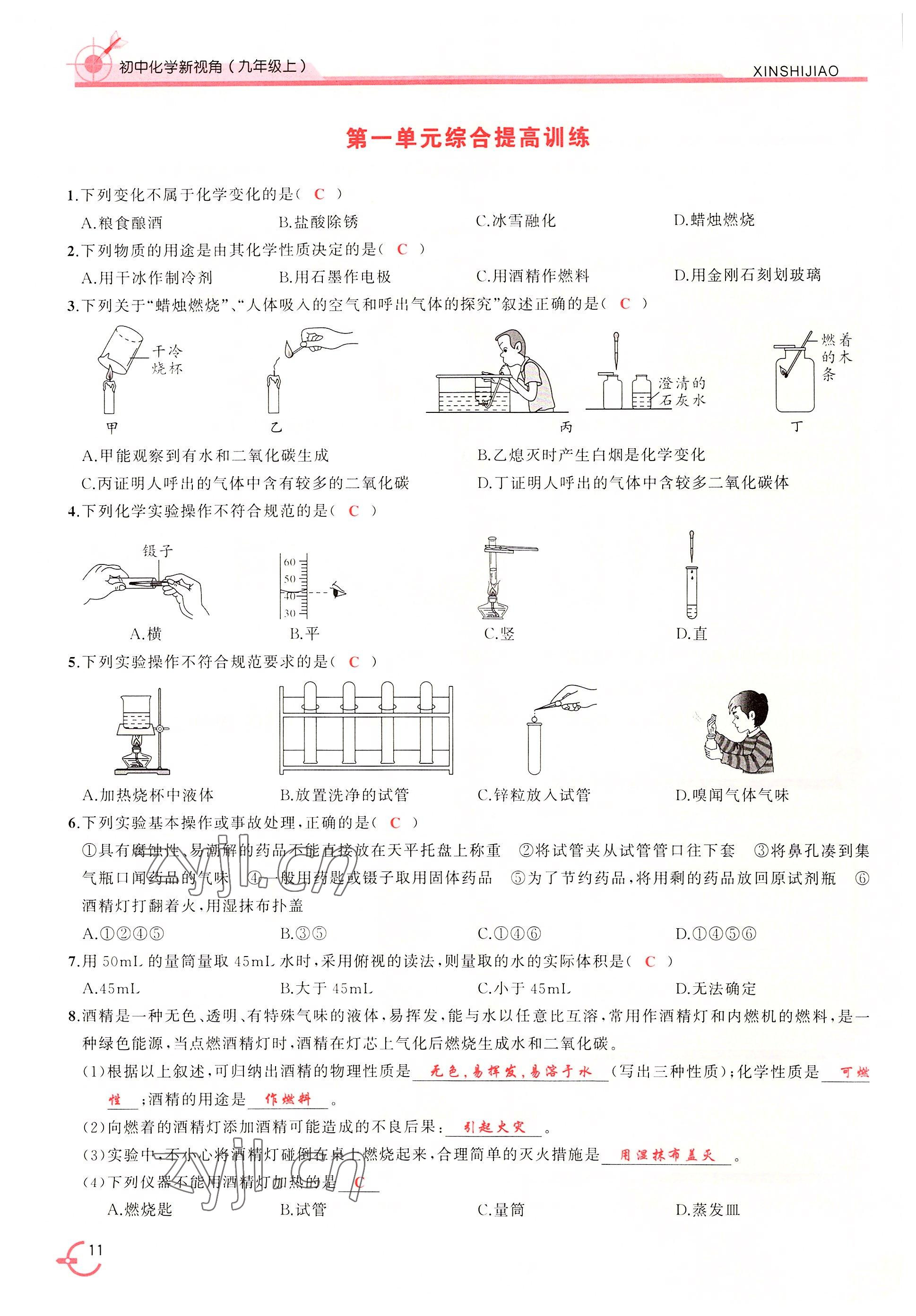 2022年新视角教辅系列丛书九年级化学上册人教版 参考答案第11页