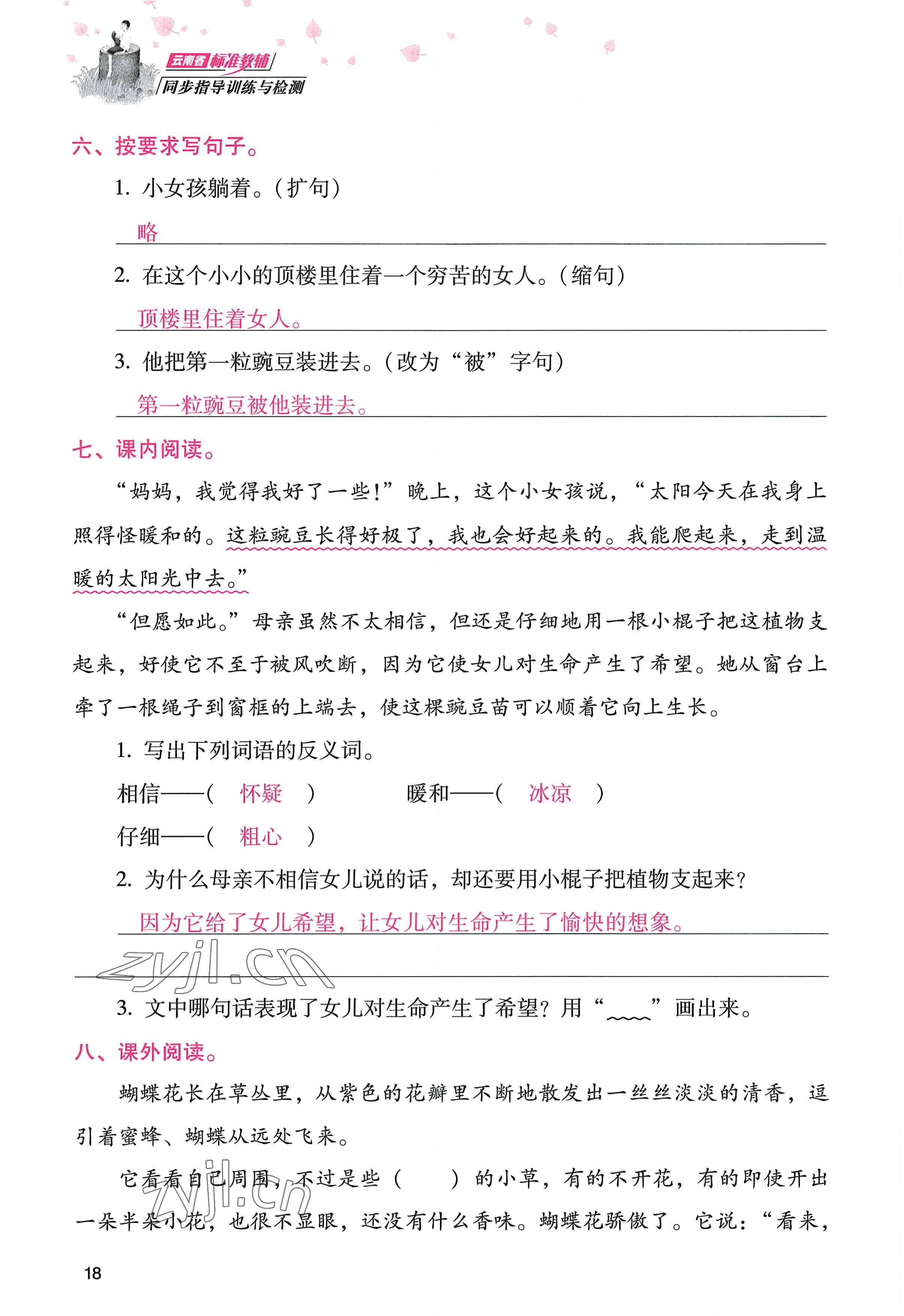 2022年云南省標(biāo)準(zhǔn)教輔同步指導(dǎo)訓(xùn)練與檢測四年級(jí)語文上冊人教版 參考答案第17頁