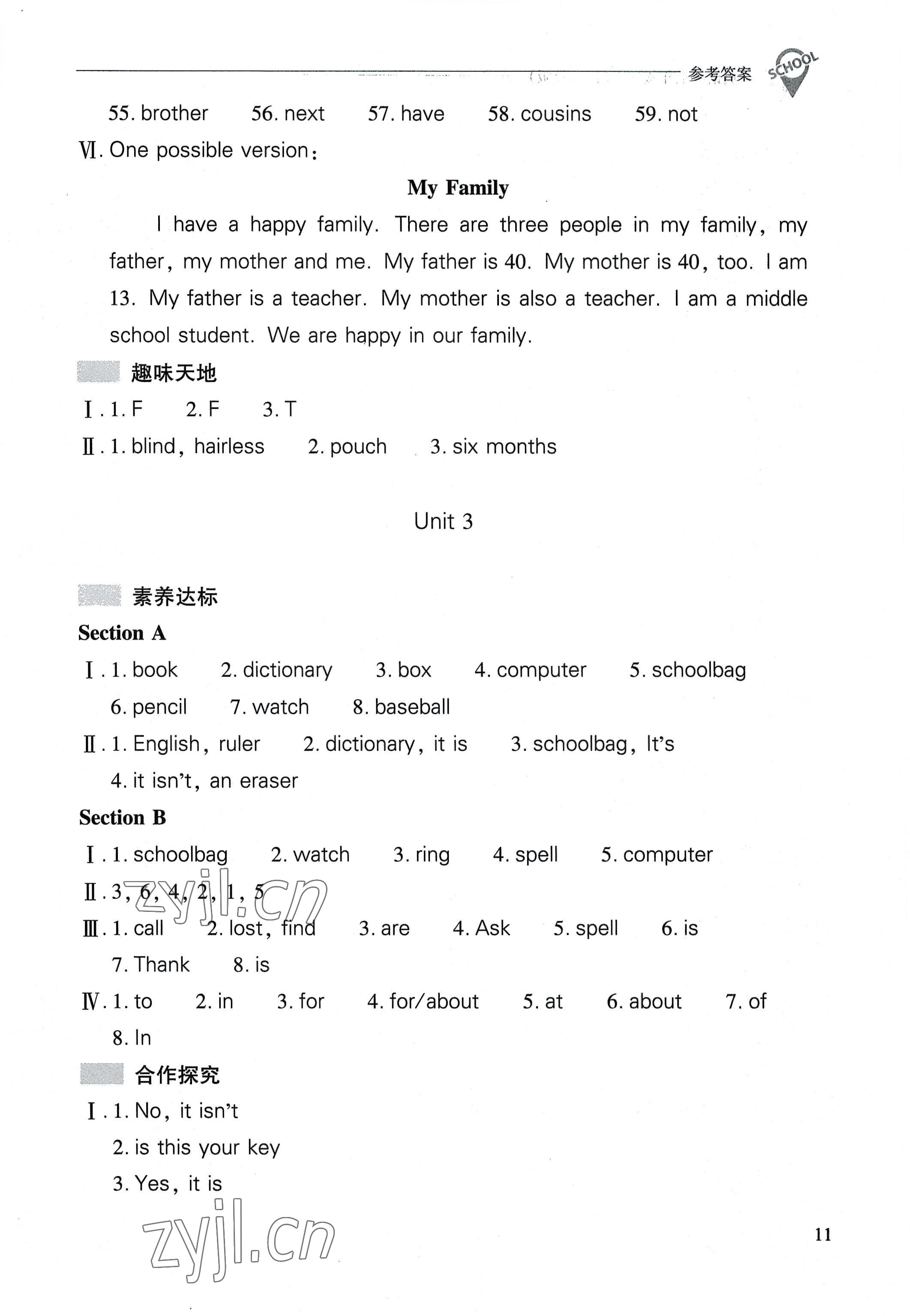 2022年新课程问题解决导学方案七年级英语上册人教版 参考答案第11页