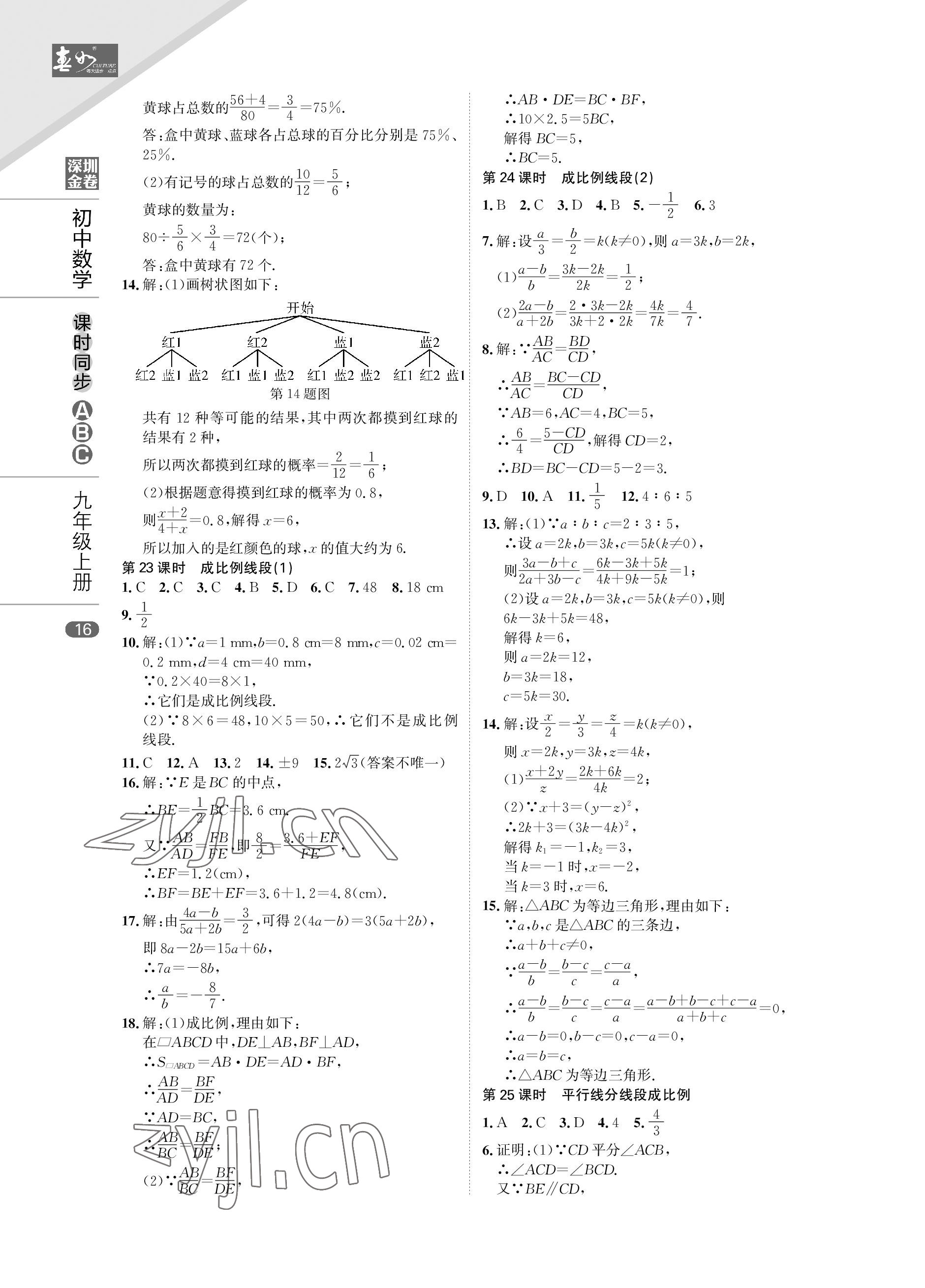 2022年深圳金卷課時同步ABC九年級數學上冊北師大版 參考答案第16頁