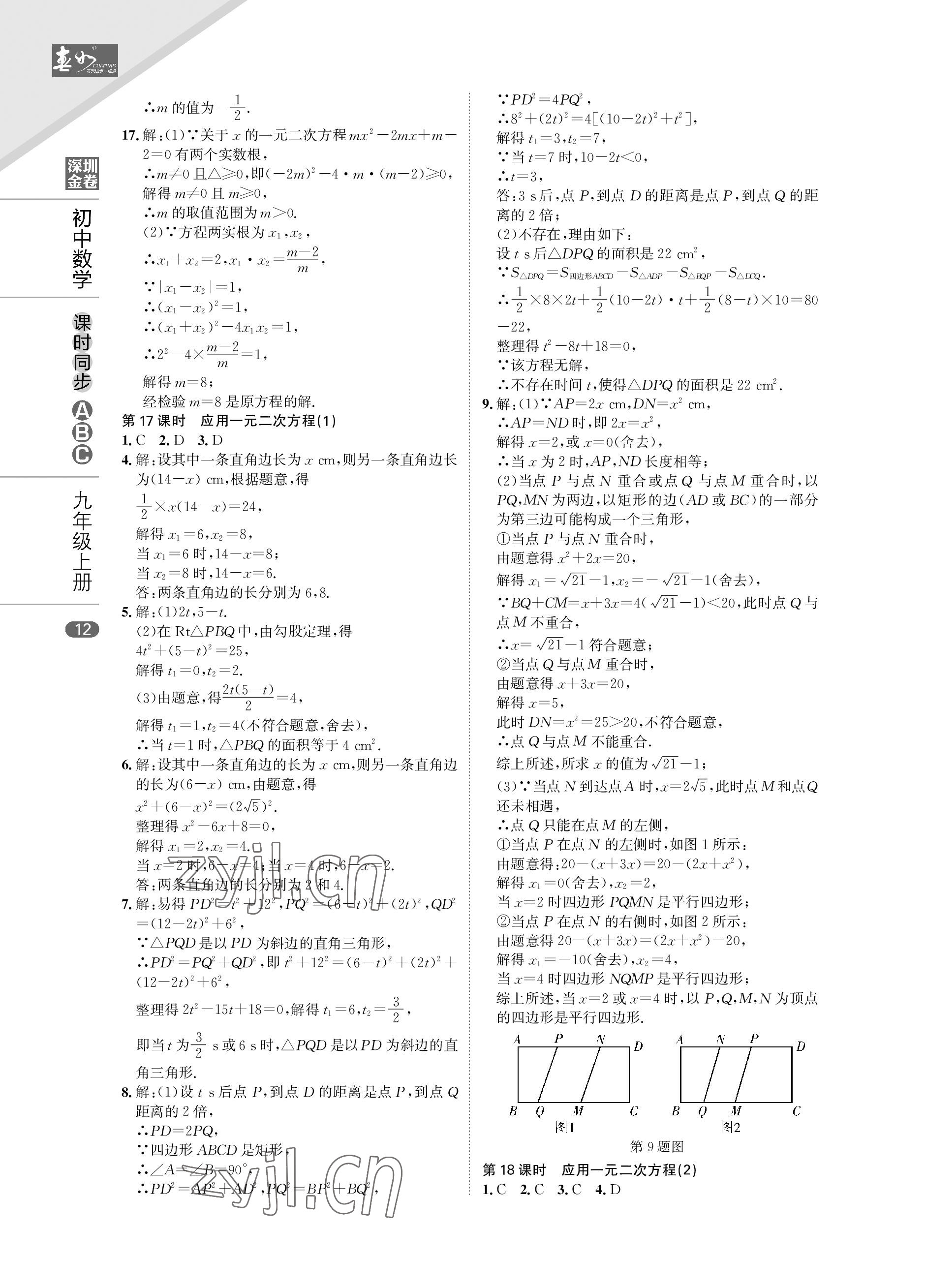 2022年深圳金卷课时同步ABC九年级数学上册北师大版&nbsp;参考答案第12页