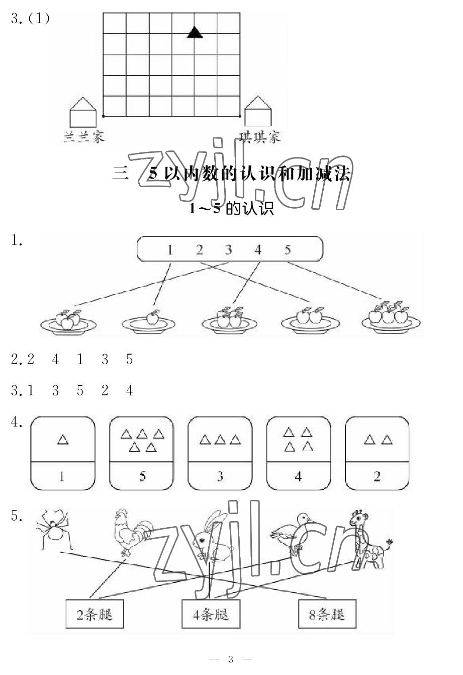 2022年芝麻开花课程新体验一年级数学上册人教版 参考答案第3页