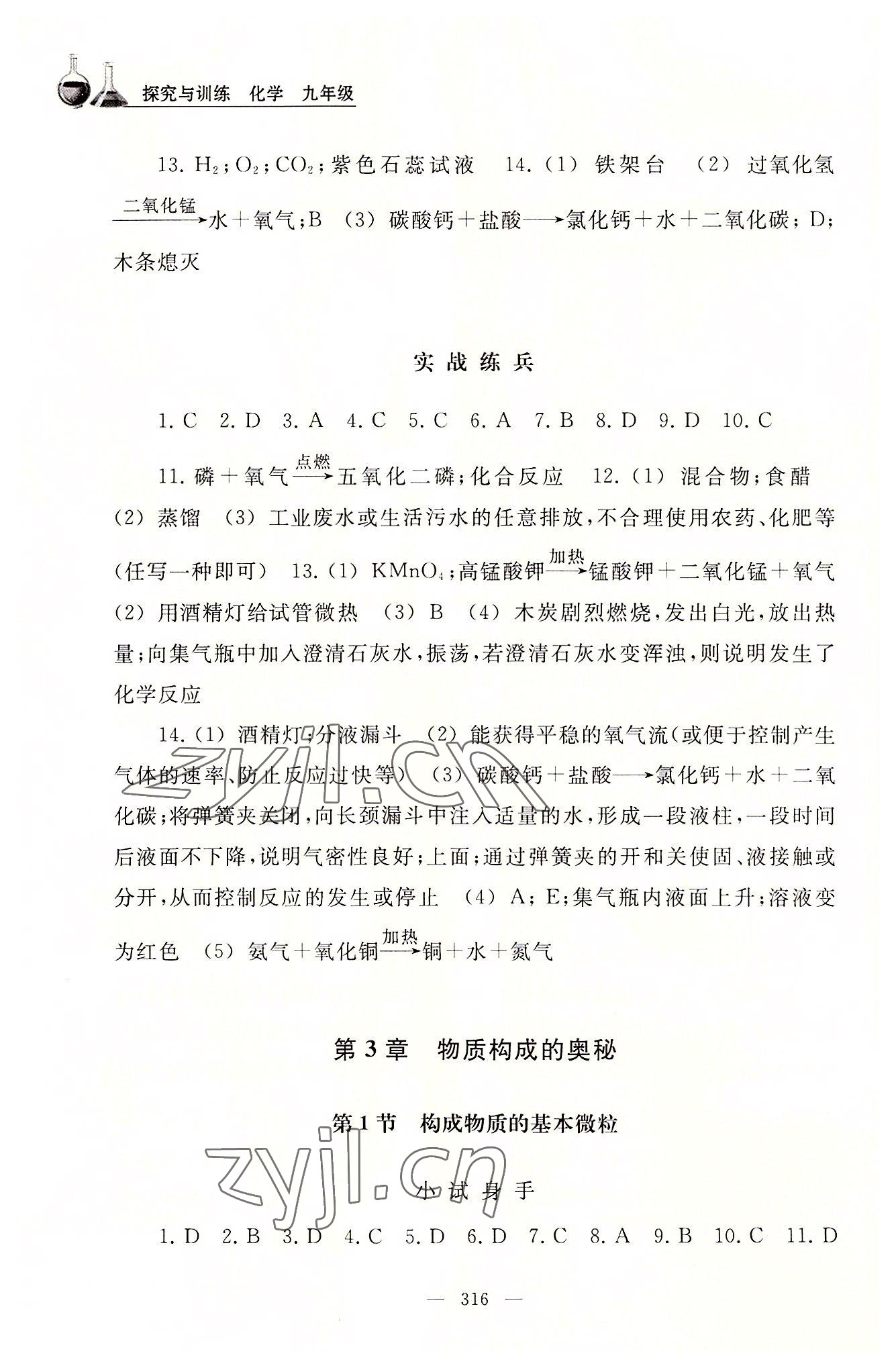 2022年探究与训练九年级化学全一册人教版 参考答案第7页