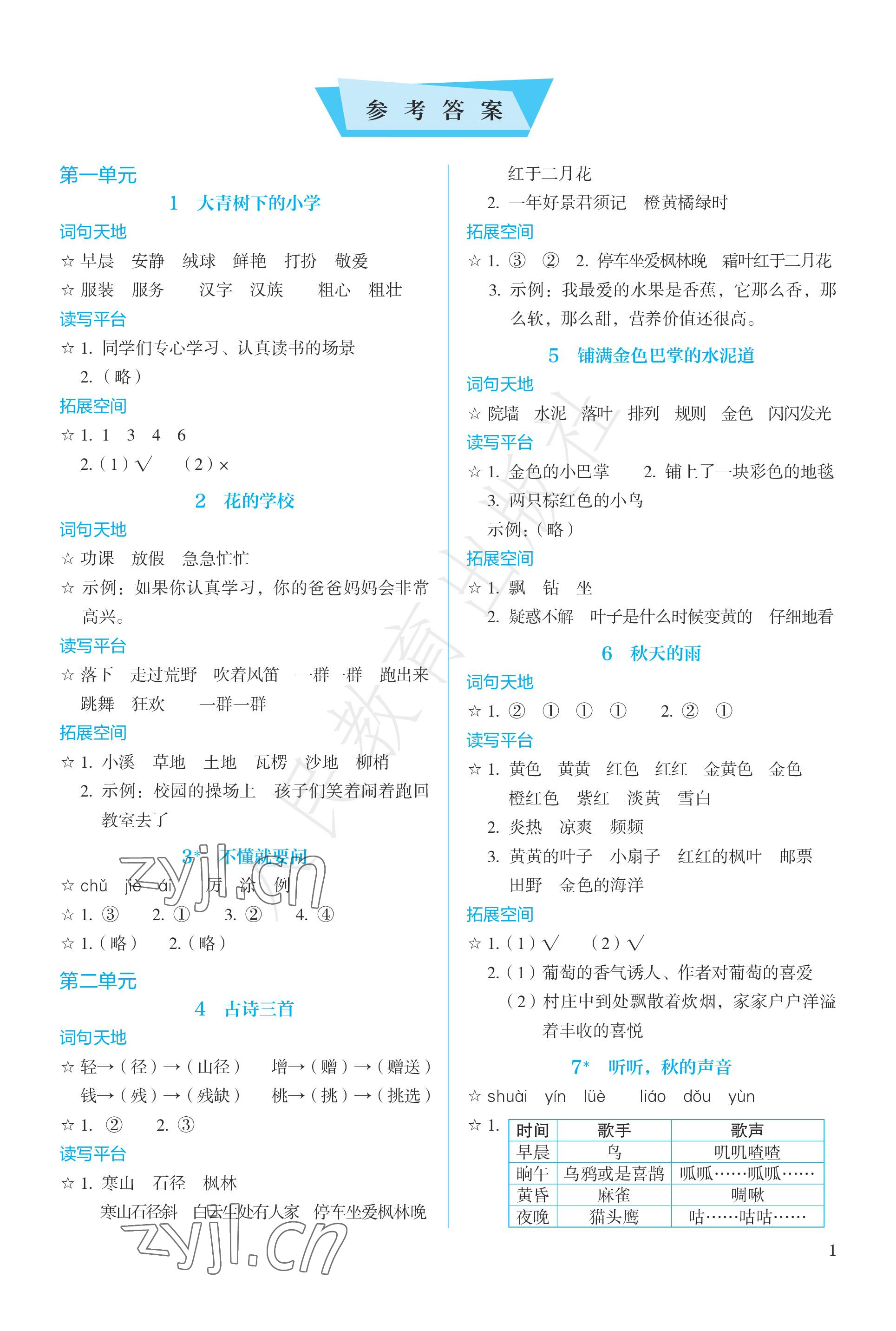 2022年人教金學(xué)典同步練習(xí)冊(cè)同步解析與測(cè)評(píng)三年級(jí)語(yǔ)文上冊(cè)人教版 參考答案第1頁(yè)