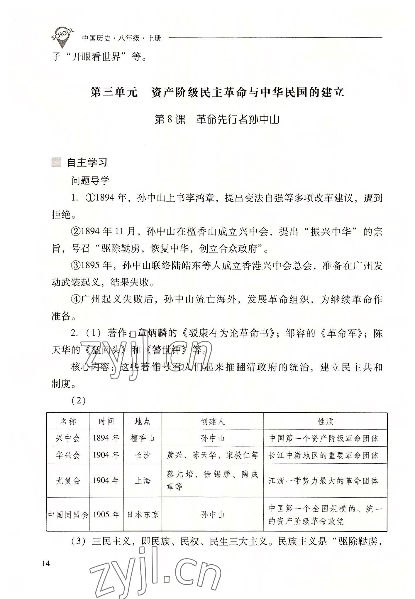 2022年新课程问题解决导学方案八年级历史上册人教版 参考答案第14页