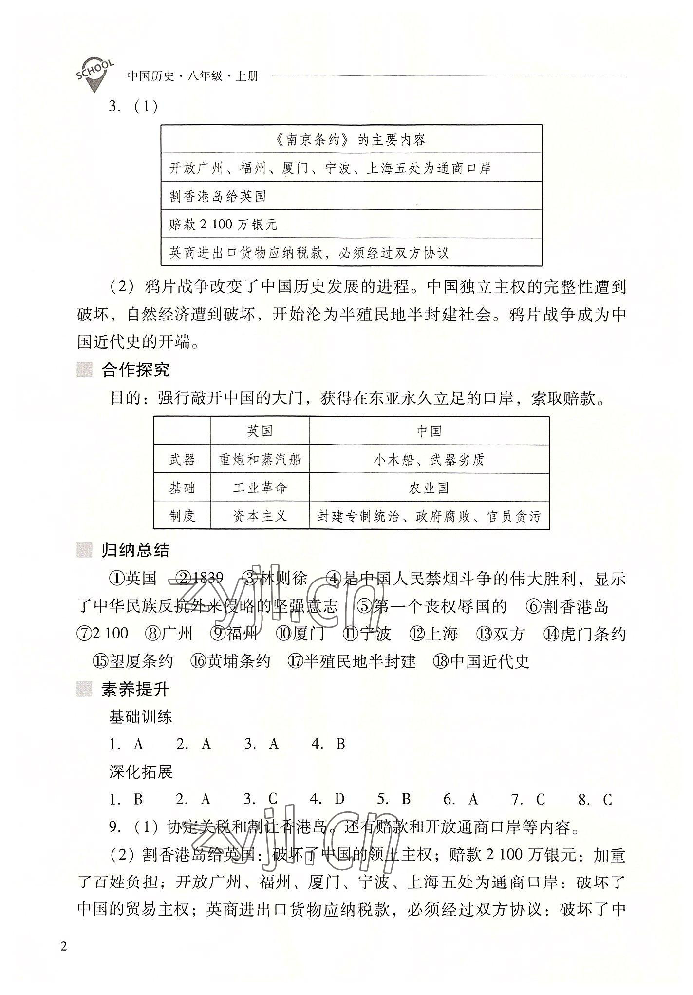 2022年新課程問題解決導學方案八年級歷史上冊人教版 參考答案第2頁