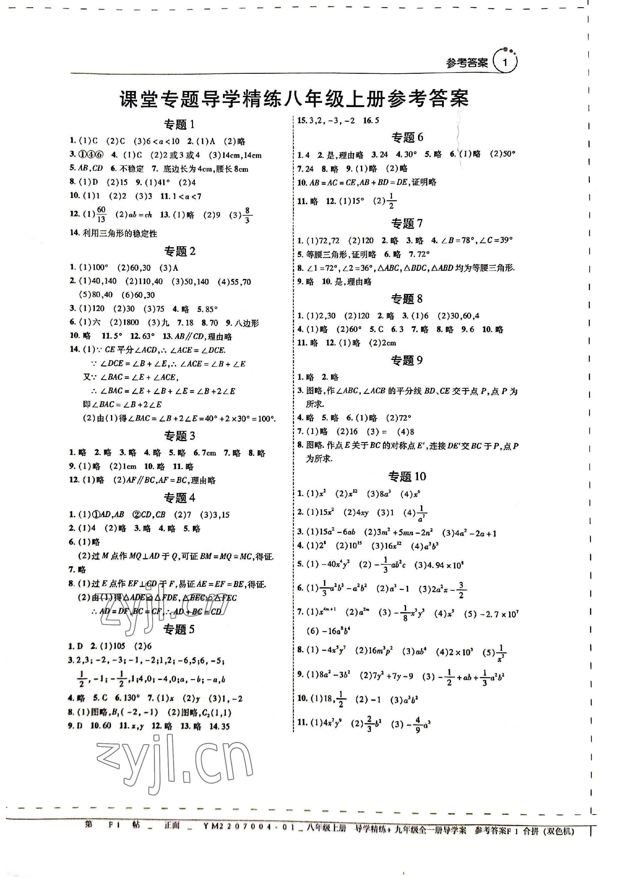2022年課堂專題導(dǎo)學(xué)精練八年級數(shù)學(xué)上冊人教版 參考答案第1頁