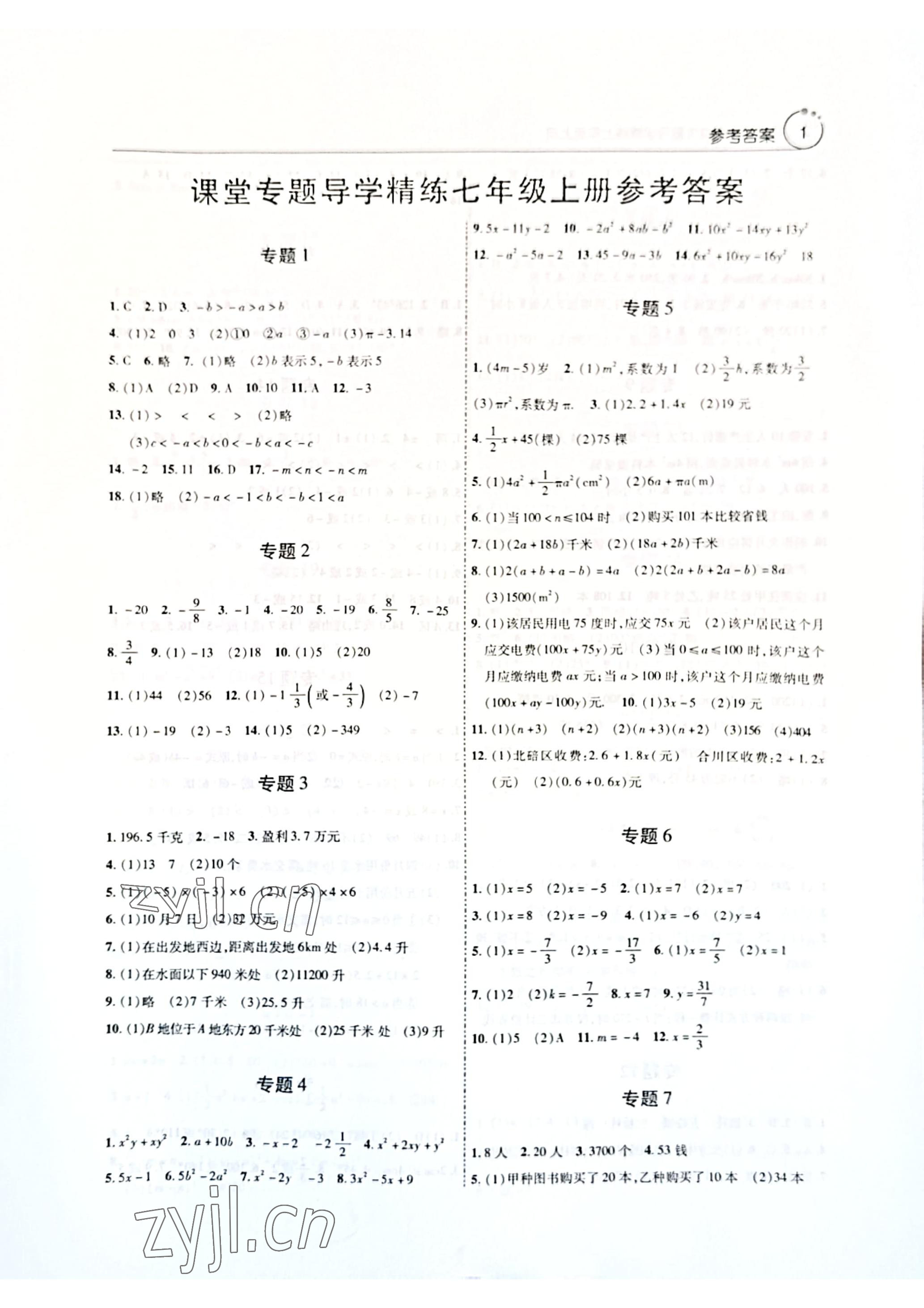 2022年課堂專題導學精練七年級數學上冊人教版 參考答案第1頁