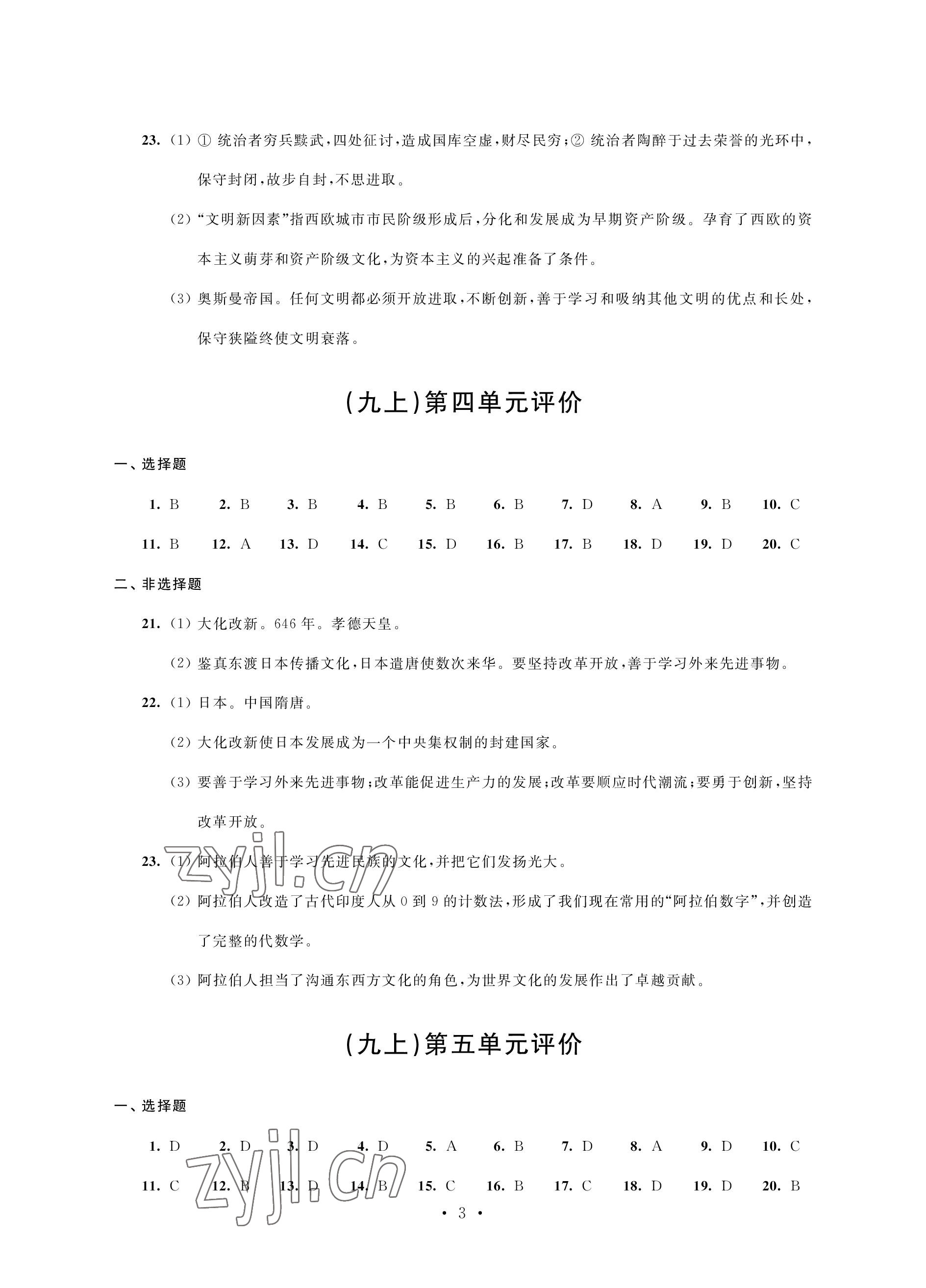 2022年優(yōu)思優(yōu)評九年級歷史上冊人教版 參考答案第3頁