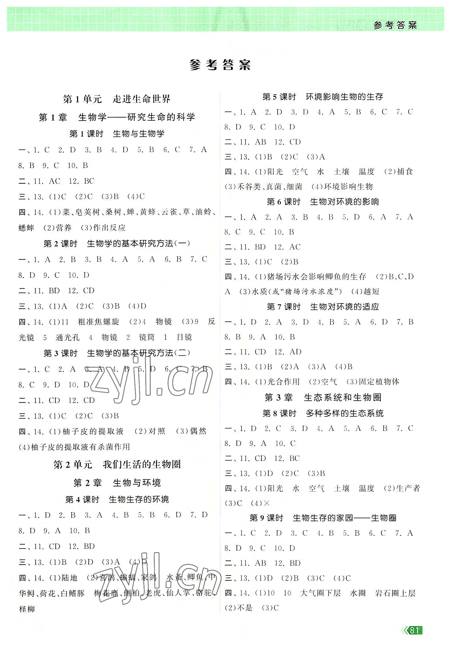 2022年課時(shí)提優(yōu)計(jì)劃作業(yè)本七年級(jí)生物上冊(cè)蘇科版 參考答案第1頁(yè)