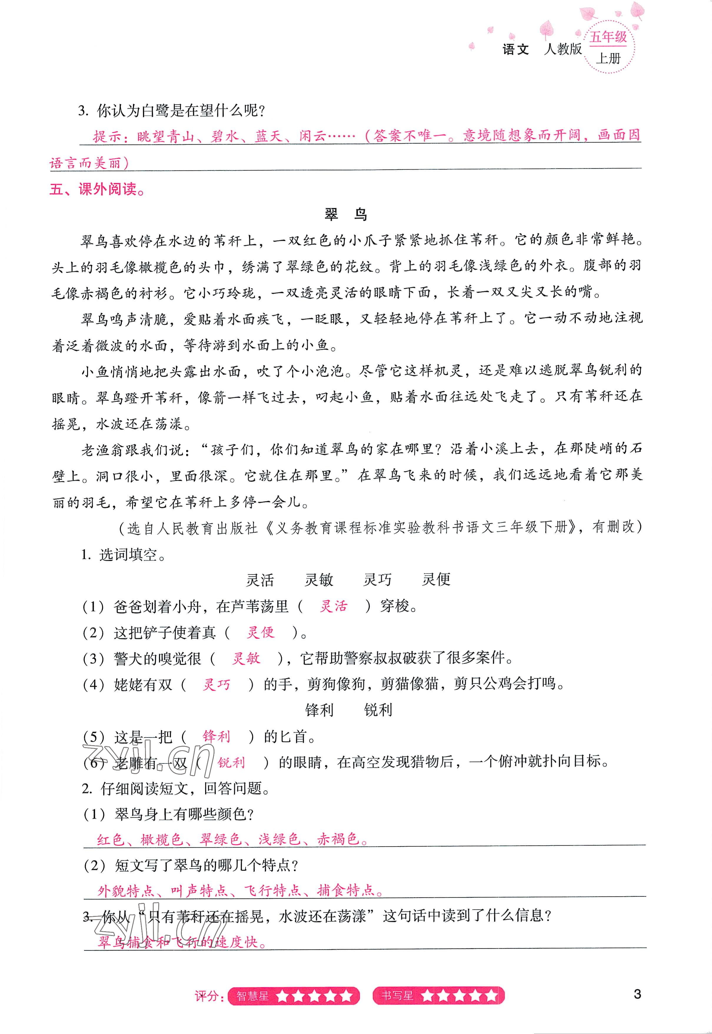 2022年云南省標(biāo)準教輔同步指導(dǎo)訓(xùn)練與檢測五年級語文上冊人教版 參考答案第2頁