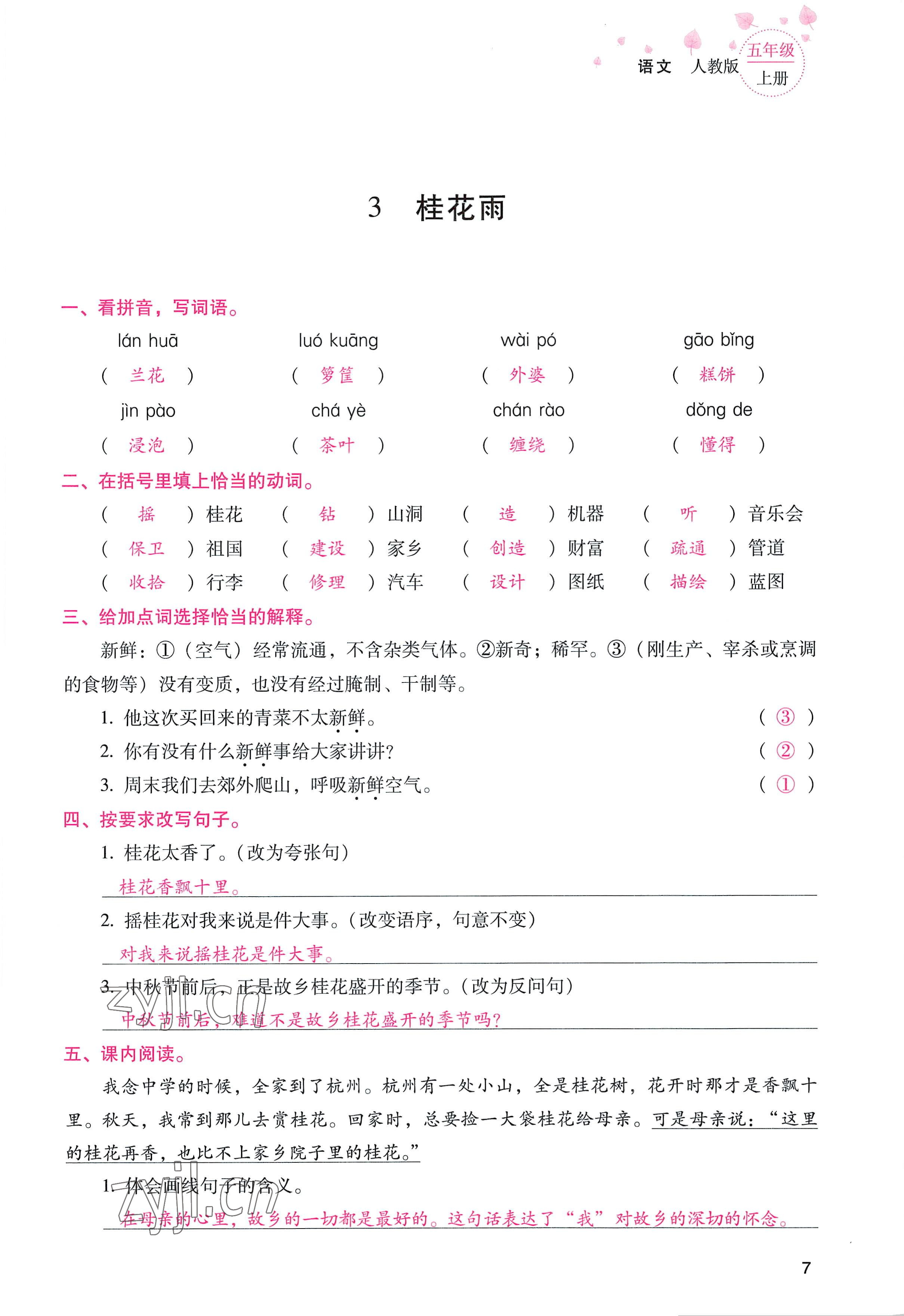 2022年云南省標準教輔同步指導訓練與檢測五年級語文上冊人教版 參考答案第6頁