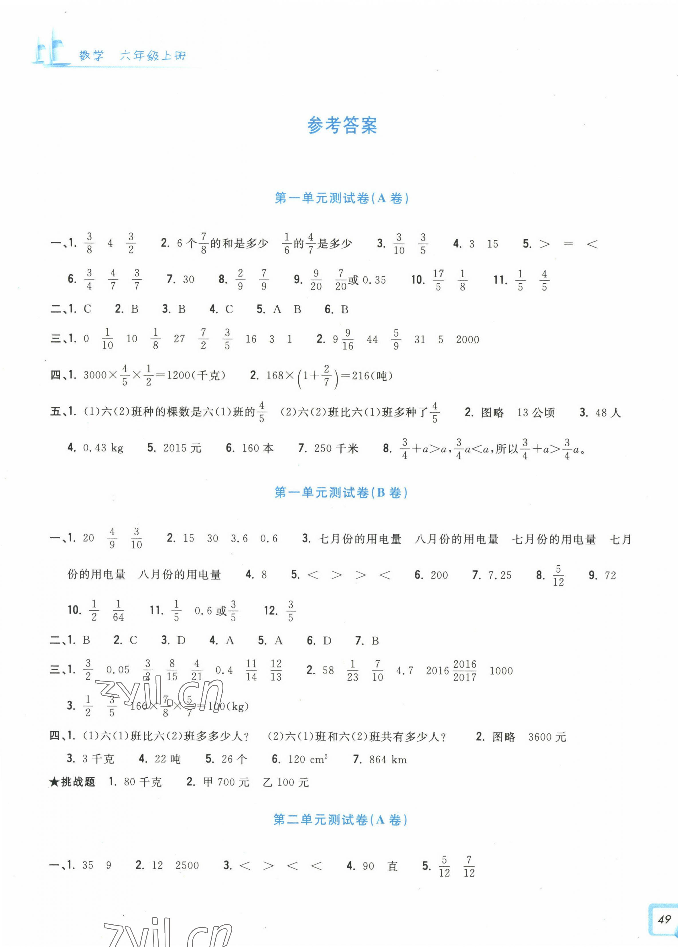 2022年學(xué)力測(cè)評(píng)小學(xué)生單元測(cè)試卷六年級(jí)數(shù)學(xué)上冊(cè)人教版 參考答案第1頁(yè)