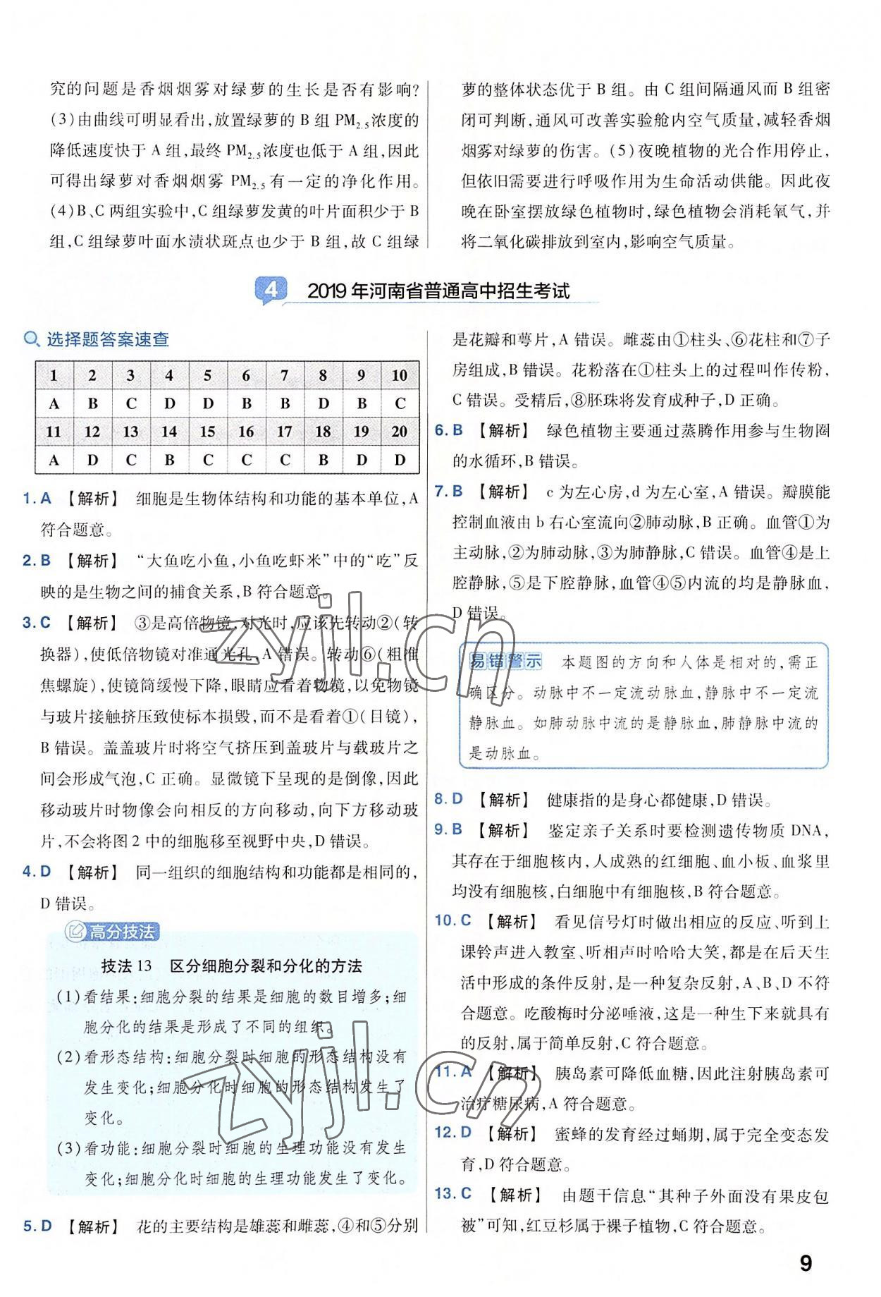 2023年金考卷45套汇编生物河南专版 参考答案第9页