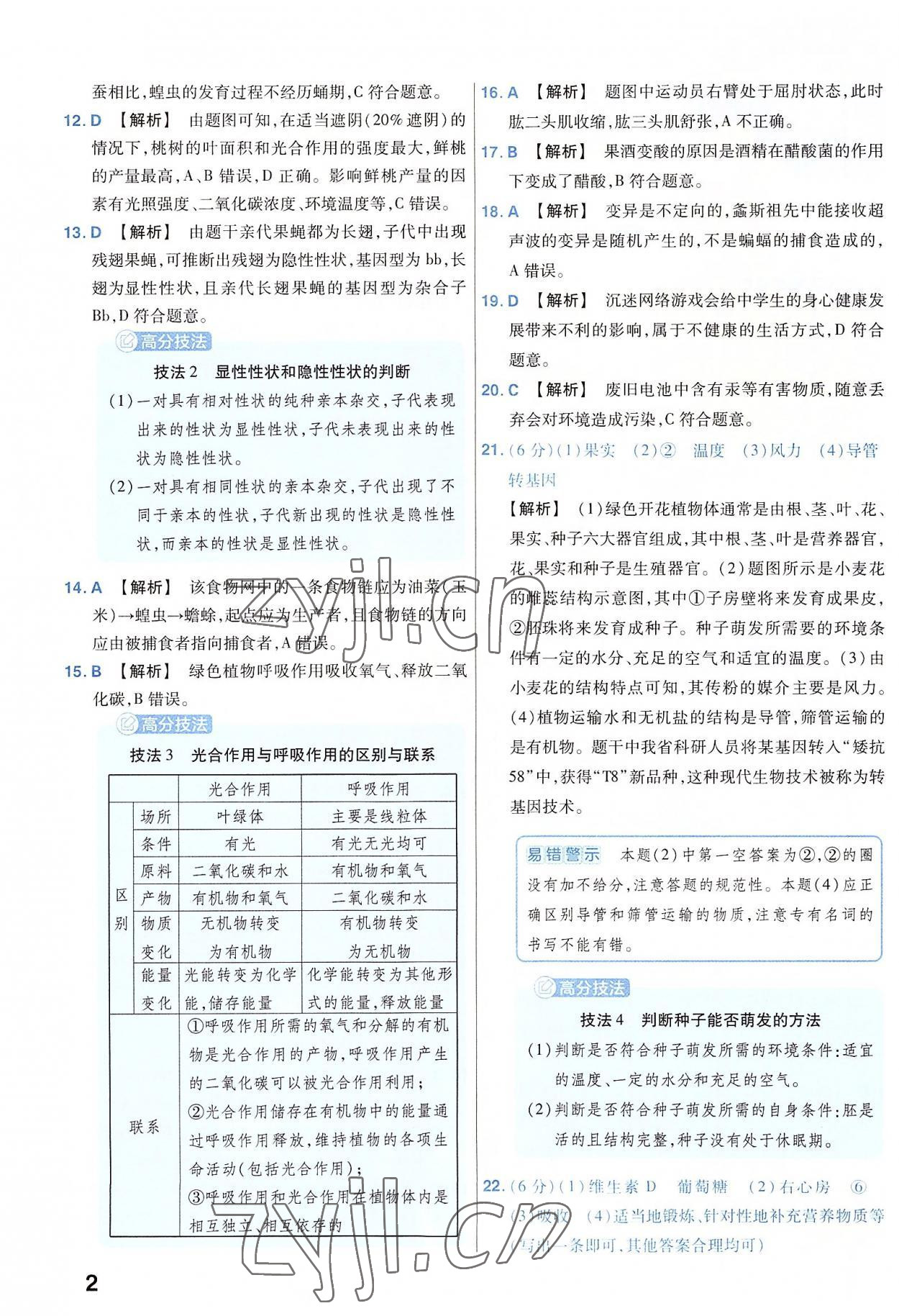 2023年金考卷45套汇编生物河南专版 参考答案第2页