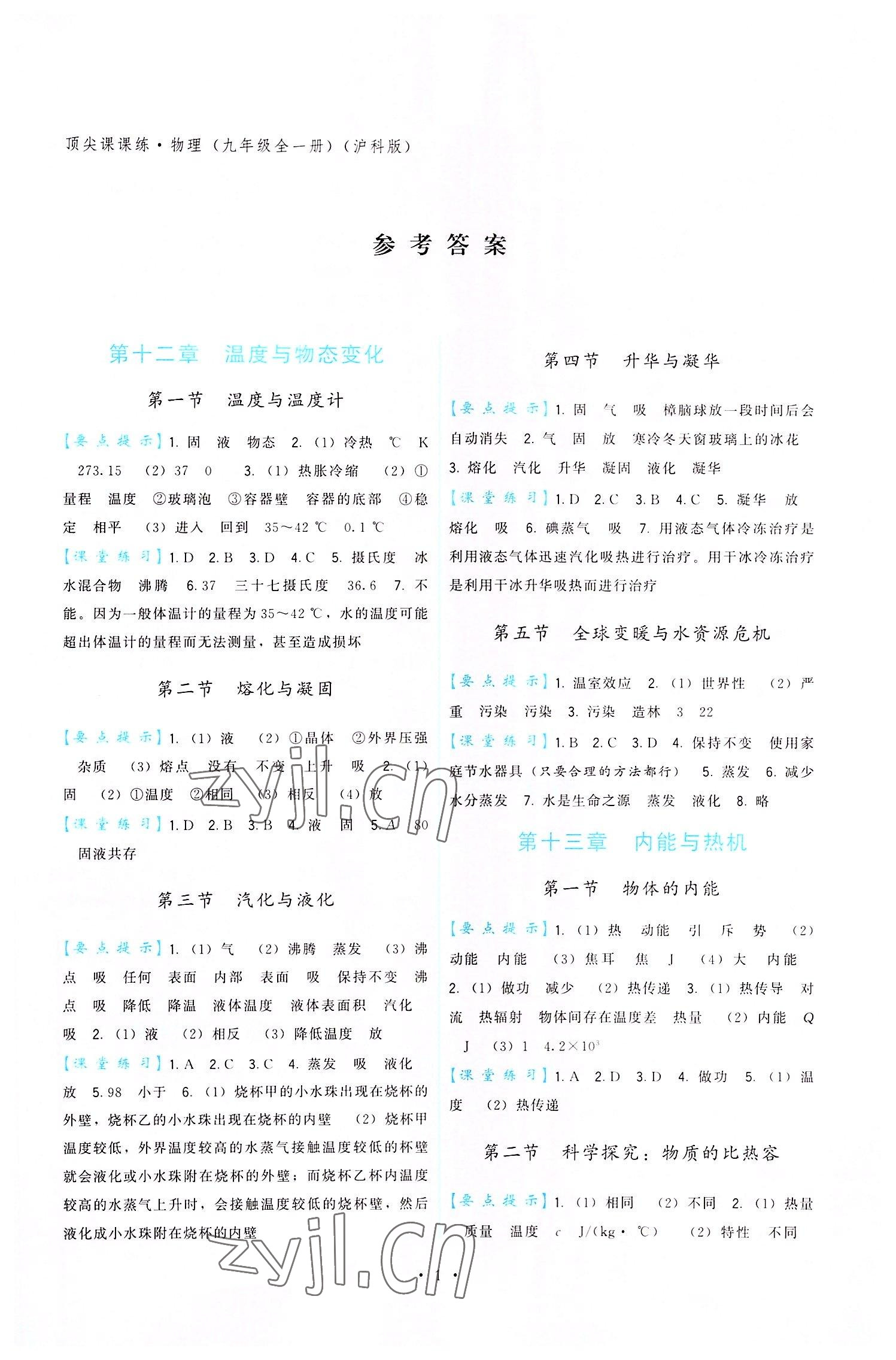 2022年顶尖课课练九年级物理全一册沪科版 第1页