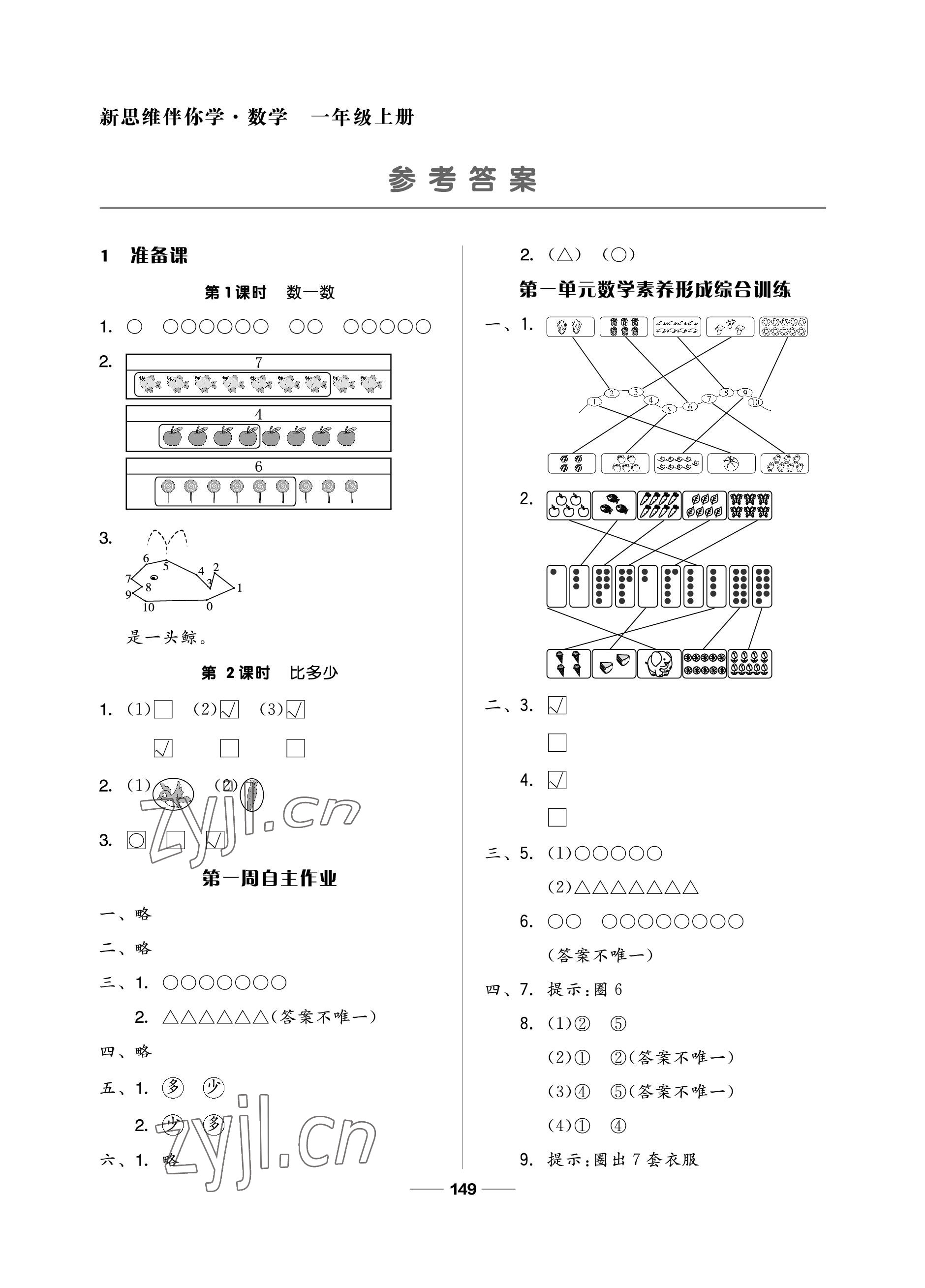 2022年新思維伴你學(xué)單元達(dá)標(biāo)測(cè)試卷一年級(jí)數(shù)學(xué)上冊(cè)人教版 參考答案第1頁(yè)