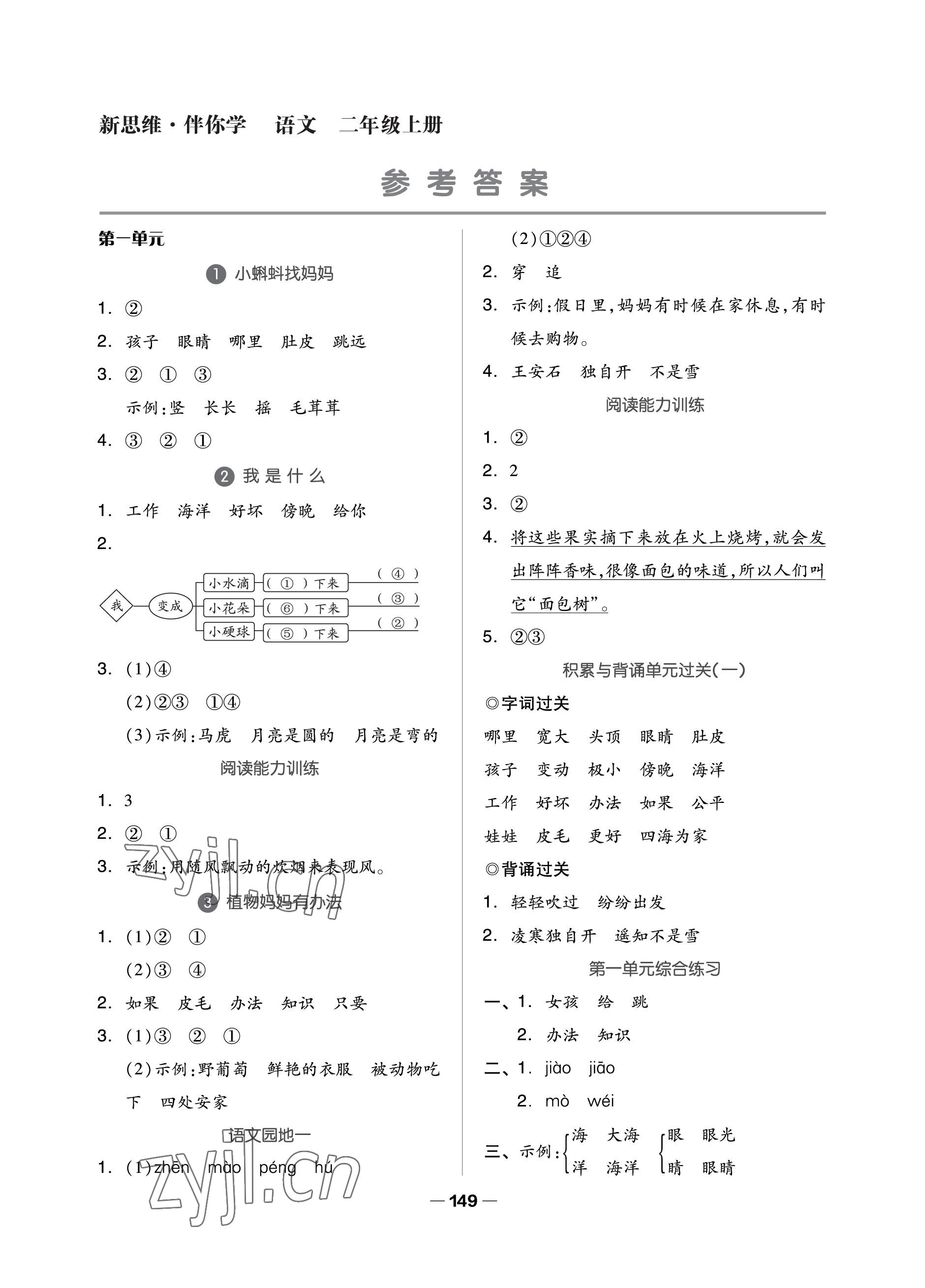 2022年新思維伴你學(xué)二年級(jí)語(yǔ)文上冊(cè)人教版單元達(dá)標(biāo)測(cè)試卷 參考答案第1頁(yè)