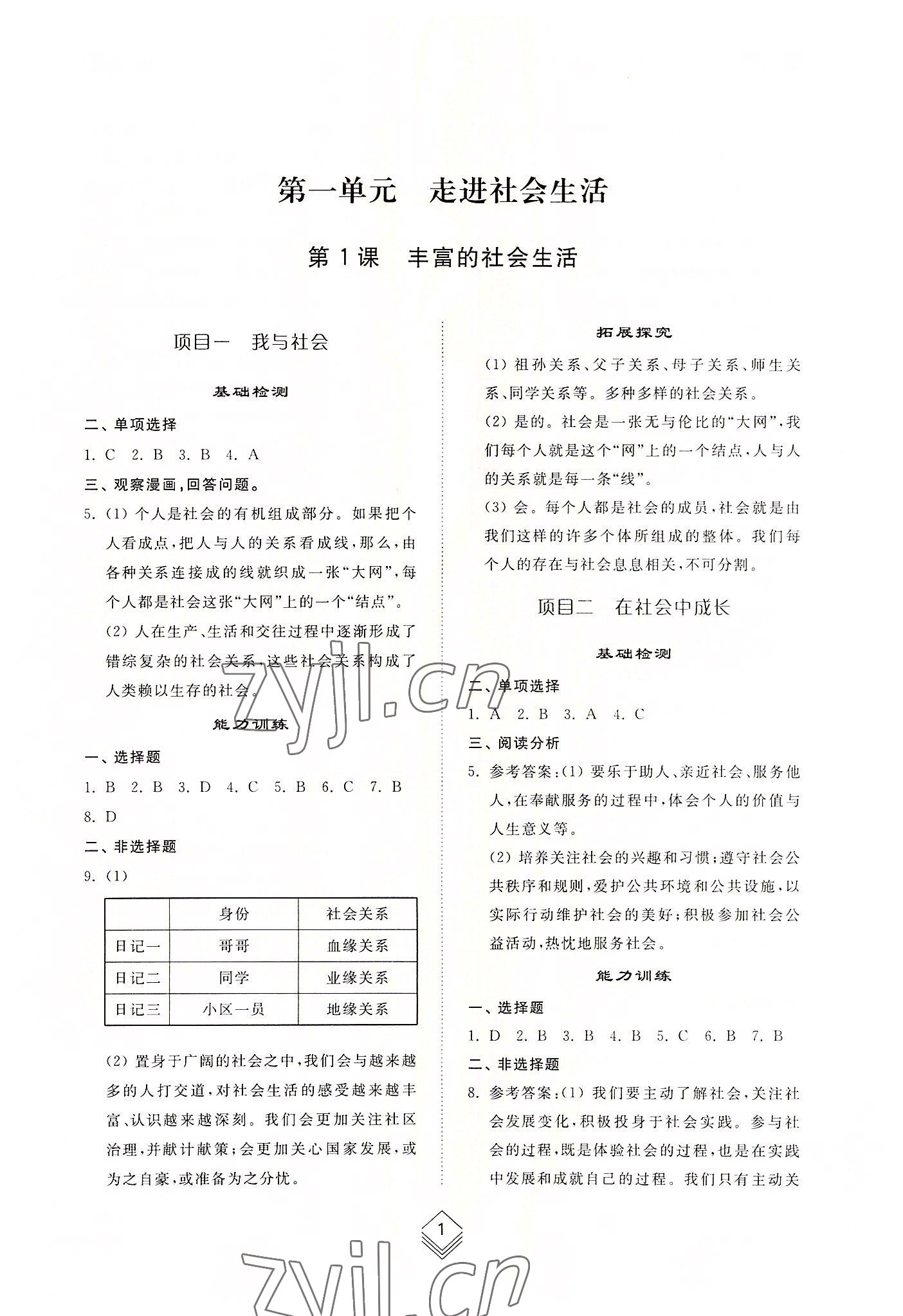 2022年综合能力训练八年级道德与法治上册人教版54制 参考答案第1页