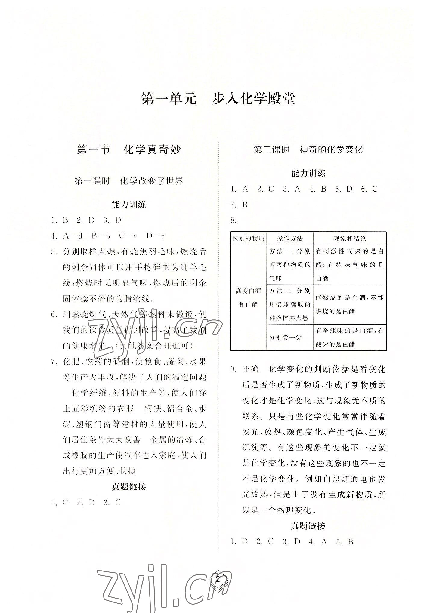 2022年综合能力训练八年级化学上册鲁教版54制 参考答案第1页