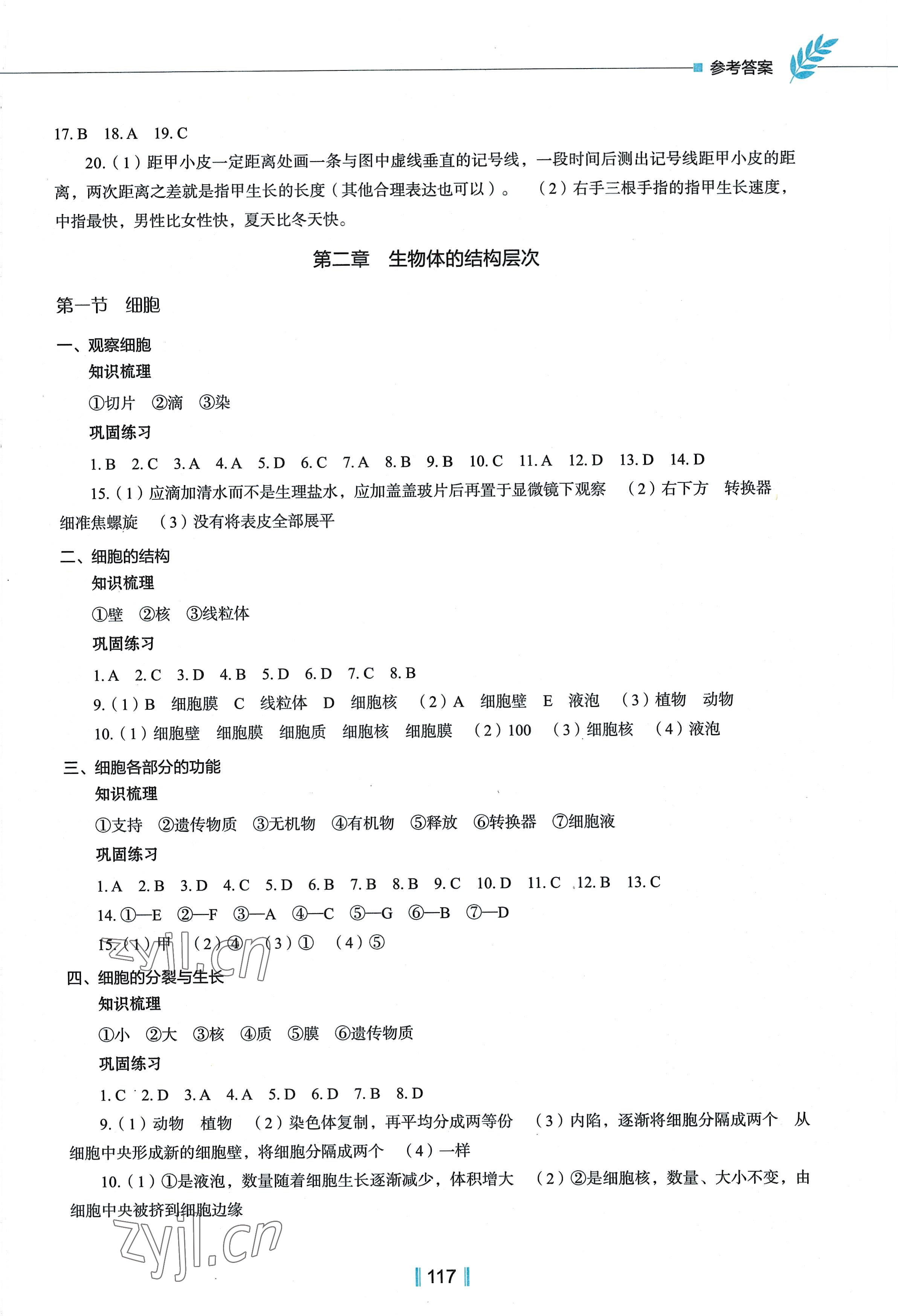 2022年新教材同步練七年級生物上冊冀教版 參考答案第2頁