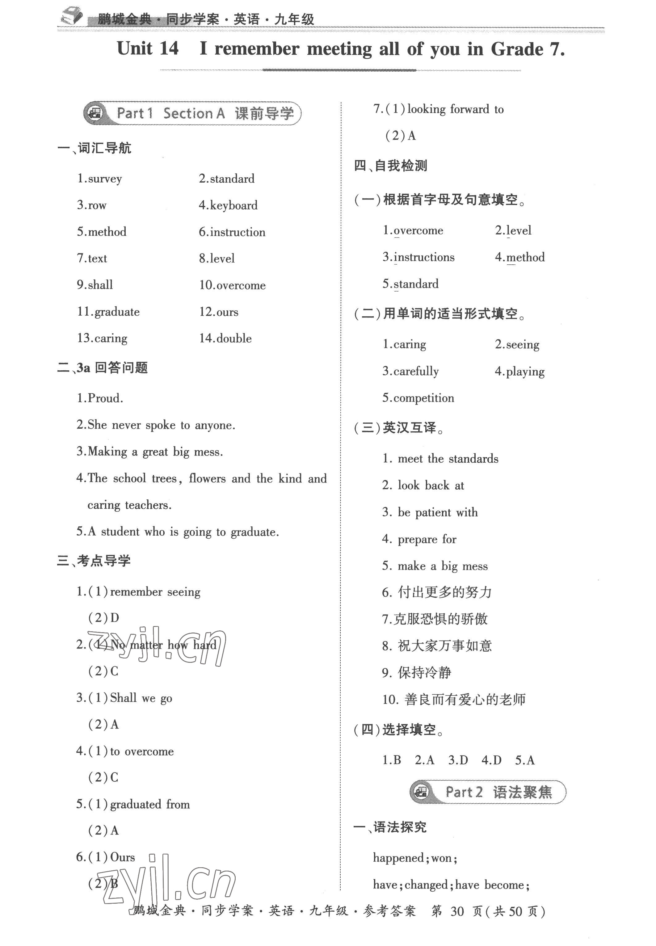 2022年名師幫同步學(xué)案九年級(jí)英語(yǔ)全一冊(cè)人教版 參考答案第30頁(yè)