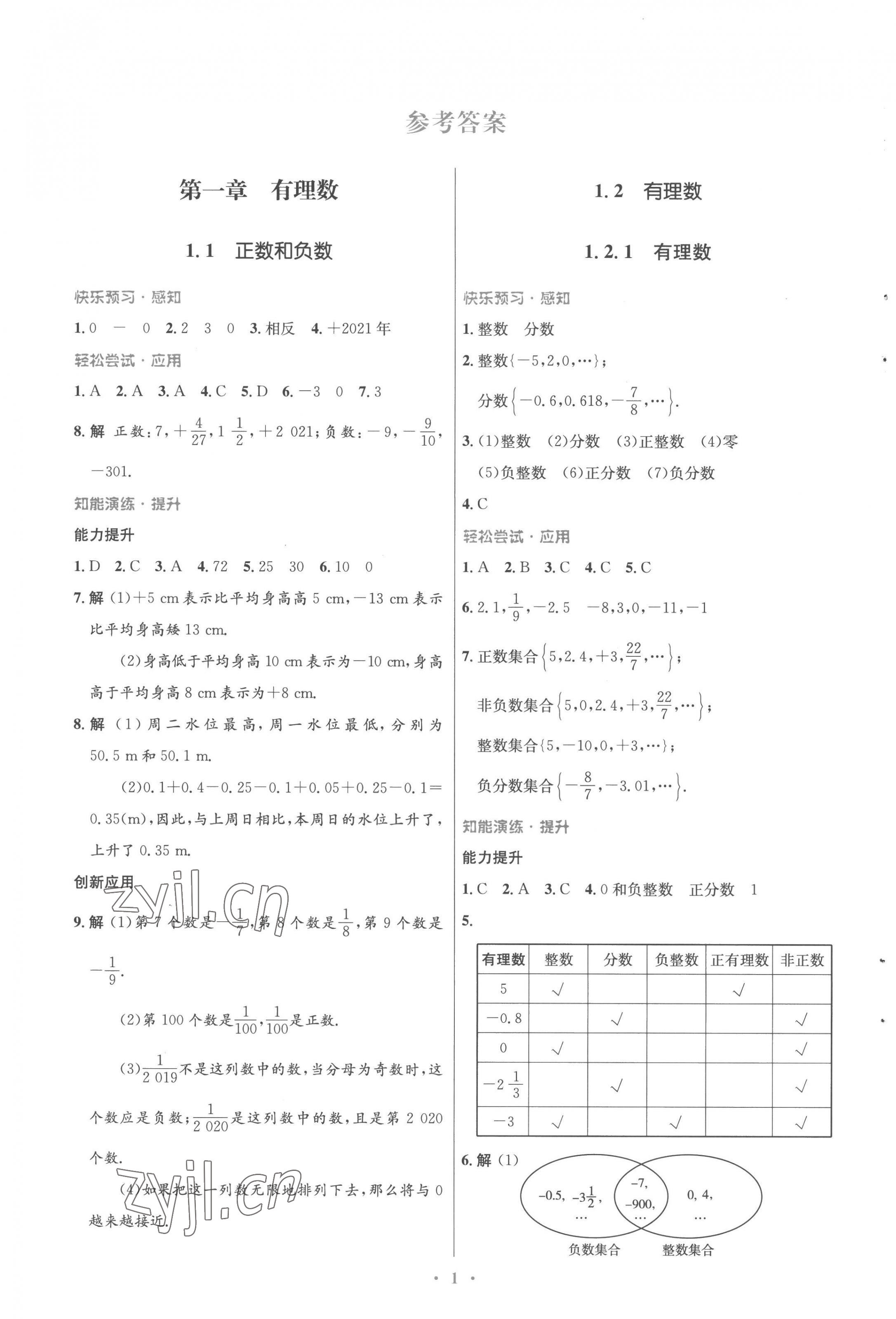 2022年同步测控优化设计七年级数学上册人教版福建专版 参考答案第1页