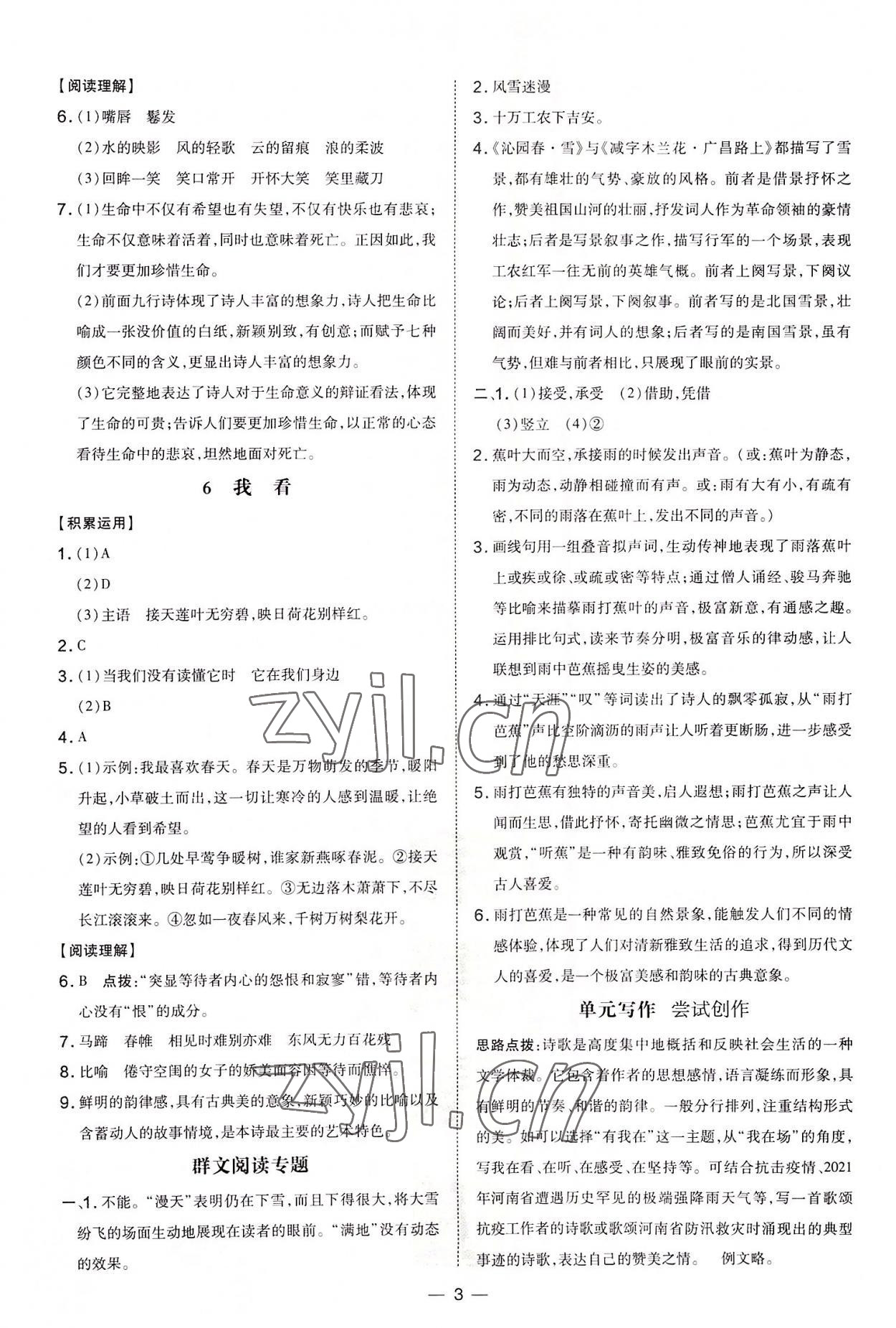 2022年點(diǎn)撥訓(xùn)練九年級語文上冊人教版河南專版 參考答案第3頁