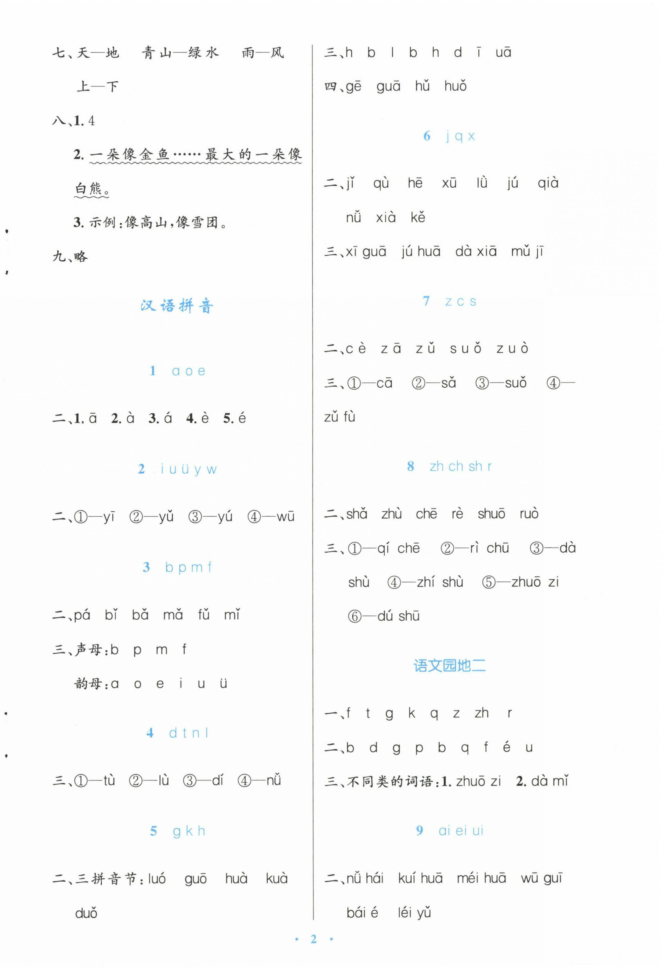 2022年同步测控优化设计一年级语文上册人教版增强 参考答案第2页