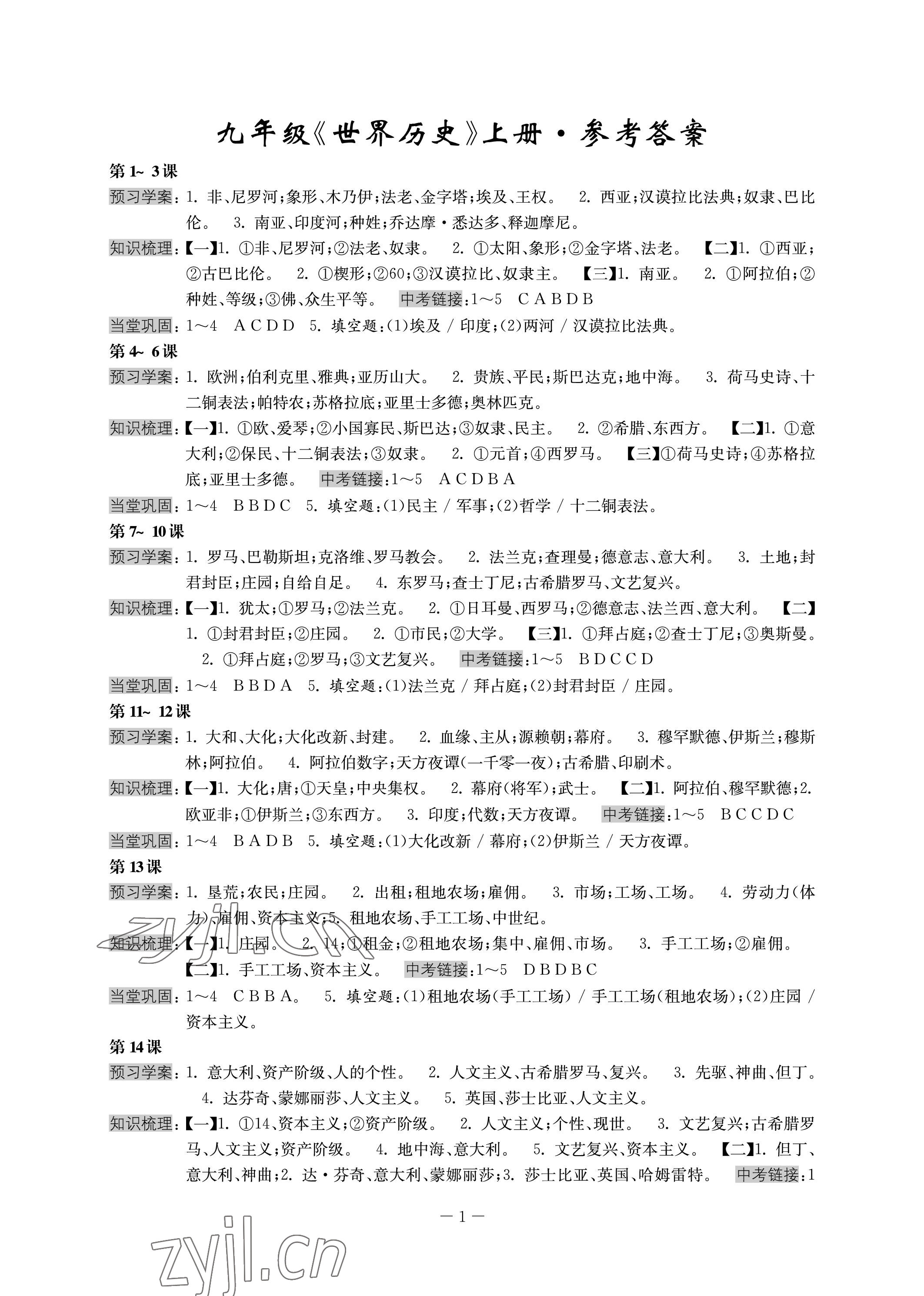 2022年領(lǐng)先一步三維提優(yōu)九年級歷史 參考答案第1頁